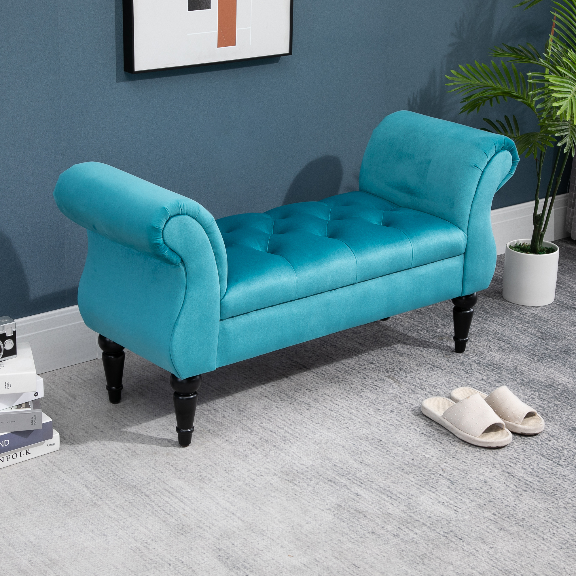  Chaise Captusita Stil Vintage cu Cotiere Tapitate si Cadru din Lemn, Albastru deschis 117x40x58Hcm [1]