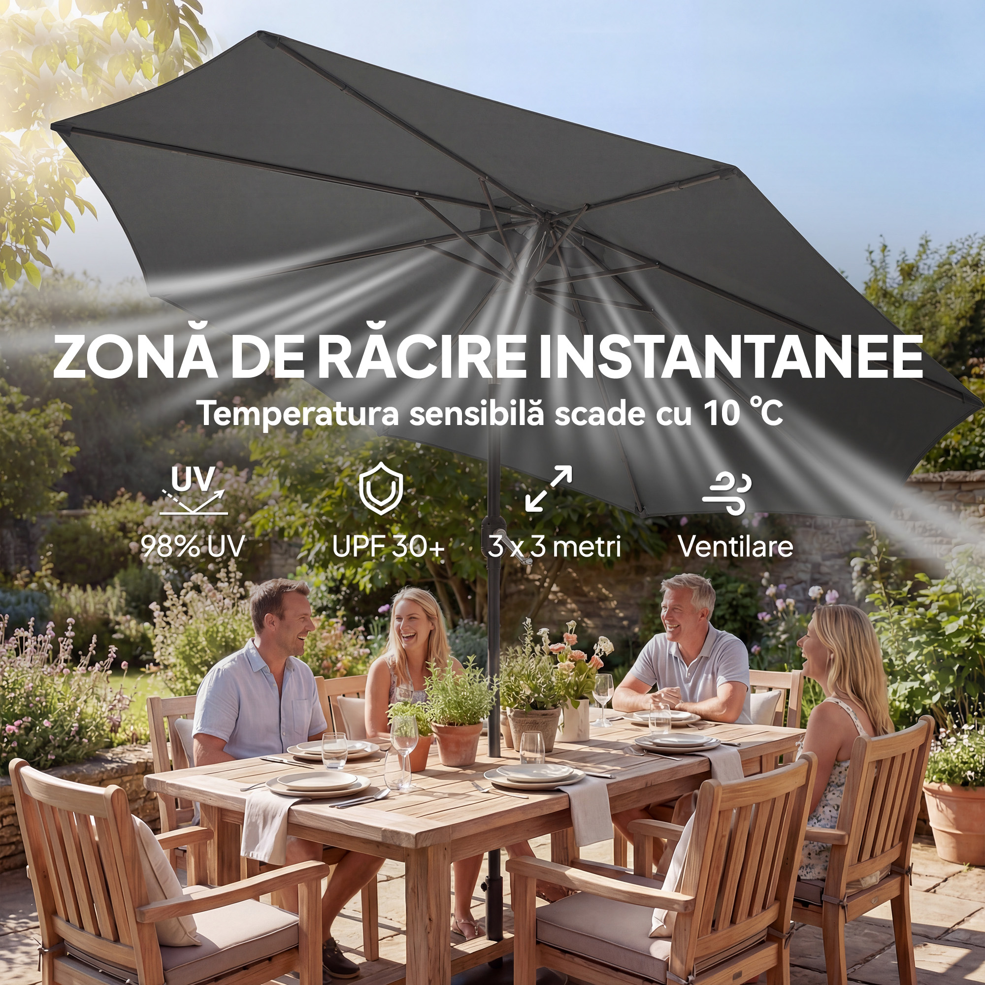  Umbrela de Soare Rotunda Inclinabila 3x3 m cu Manivela, din Metal si Poliester, Gri inchis [4]