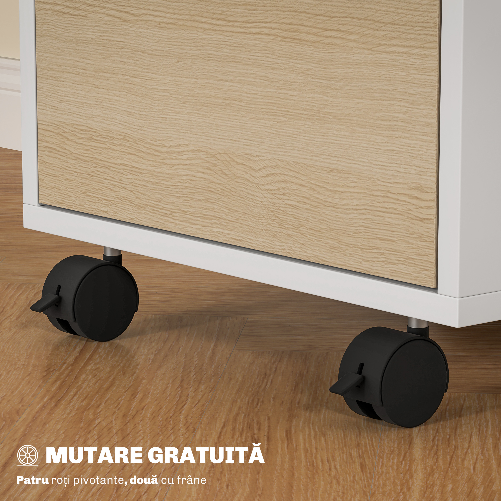  Dulap de Birou cu 3 Sertare, 4 Roti, Comoda de Birou cu Sistem de Blocare si 2 Chei, Alb si Stejar [4]