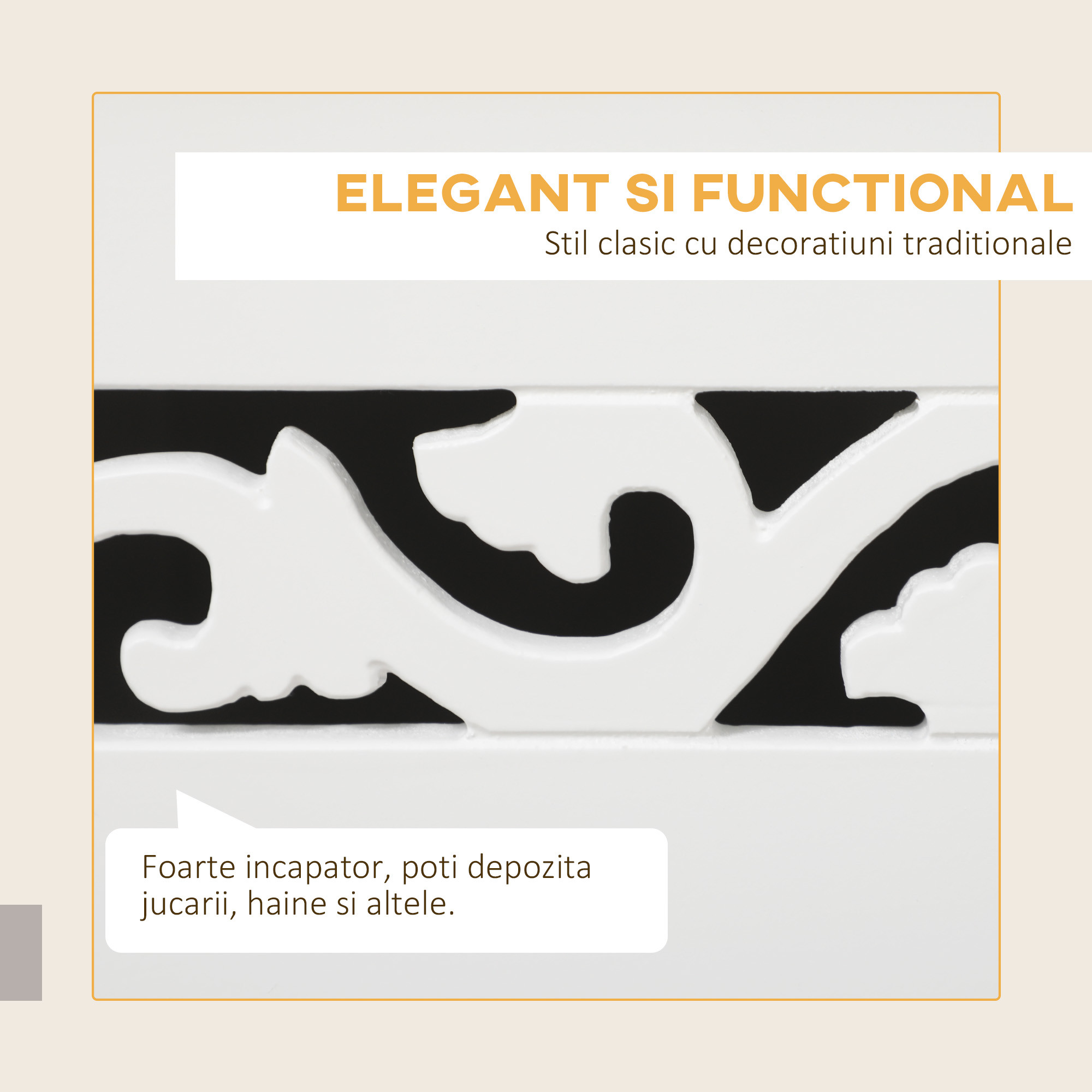  Dulap de depozitare alb cu model sculptat - mobilier pentru lenjerii, haine si jucarii 55×34×58 cm [6]