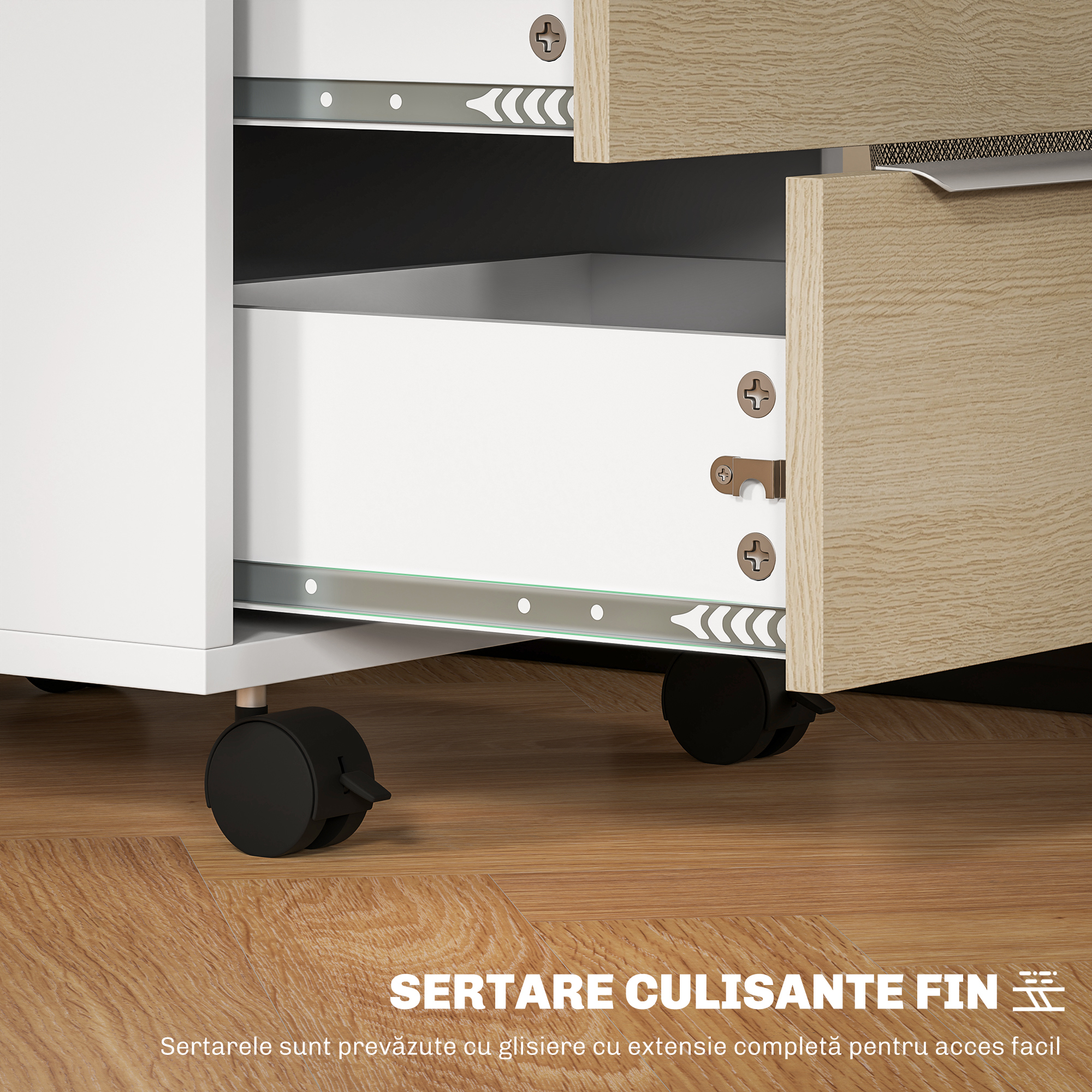  Dulap de Birou cu 3 Sertare, 4 Roti, Comoda de Birou cu Sistem de Blocare si 2 Chei, Alb si Stejar [5]