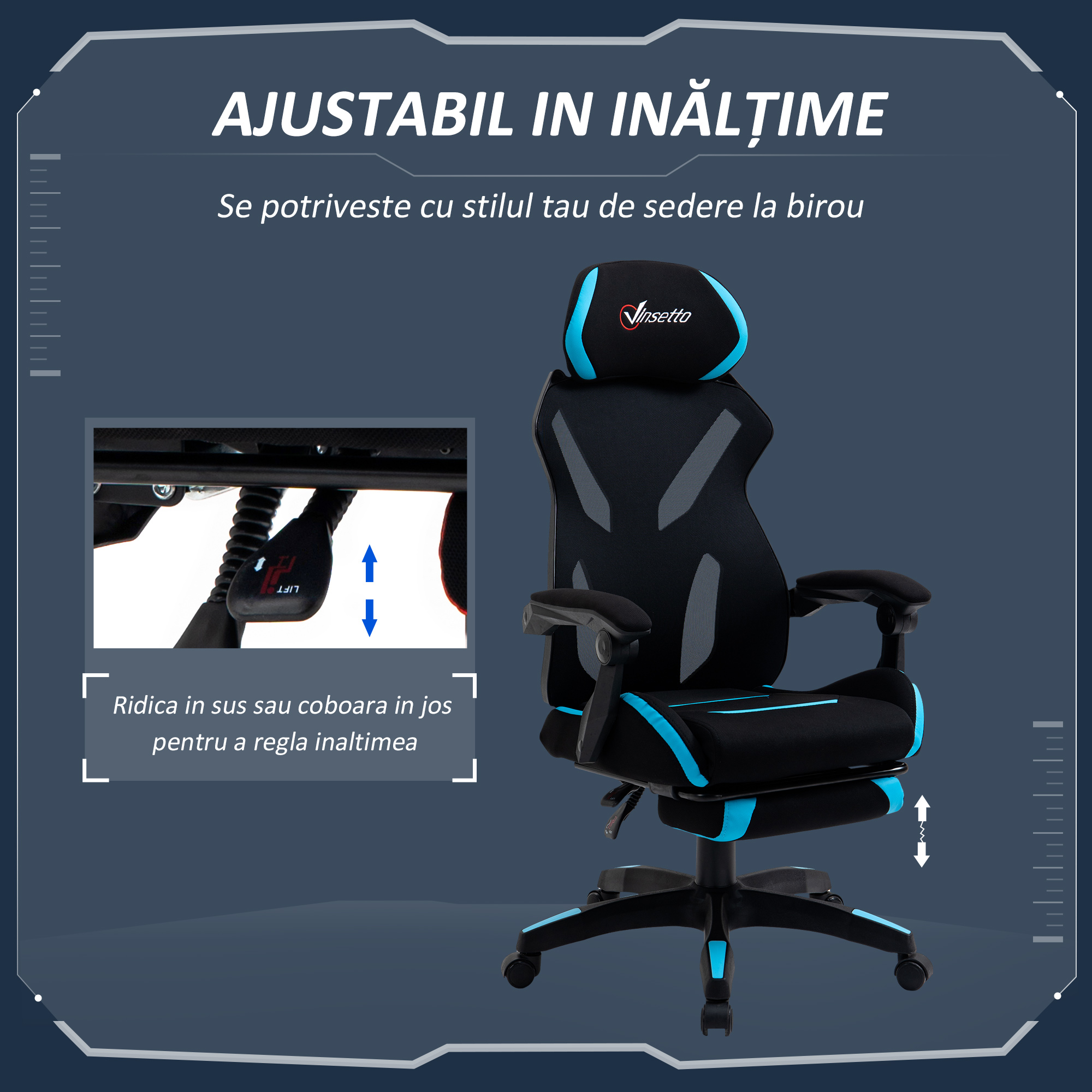  Scaun Gaming Ergonomic 65×65×119-129 cm Negru/Albastru [3]