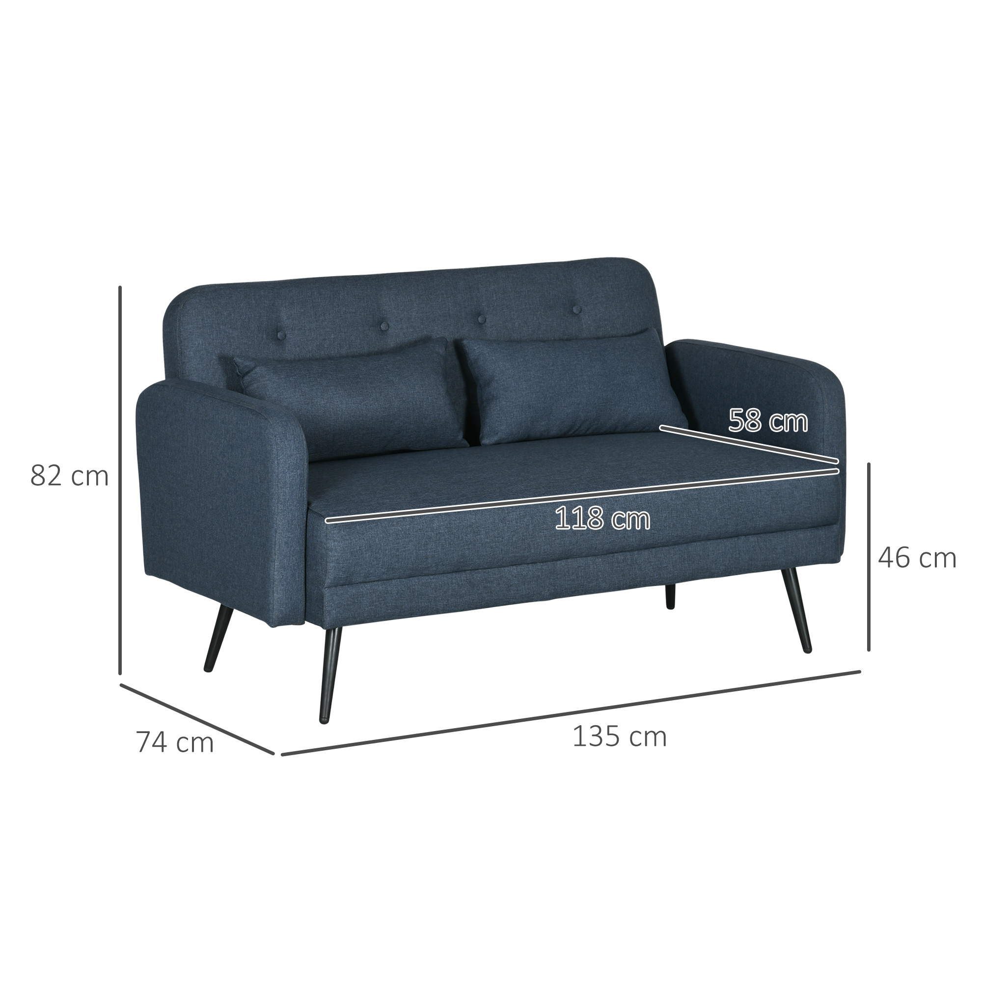  Canapea de 135cm pentru Dormitor, Mobilier Modern pentru Canapele cu Plus, Canapea Capitonata cu 2 Locuri cu Perne Decorative, Cadru din Lemn Masiv, Albastru Inchis [2]