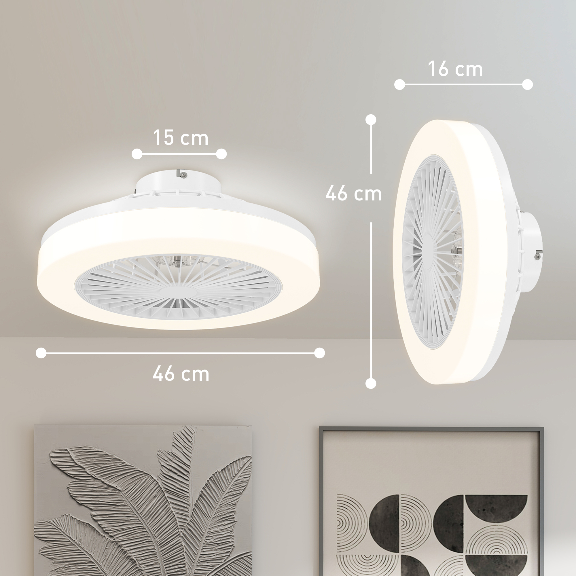  Ventilator de Tavan cu Lumina LED Reglabila, Telecomanda, Timer, 6 Viteze si Flux Reversibil, Ventilator din Plastic si Acrilic, Ø46x16 cm, Alb [2]