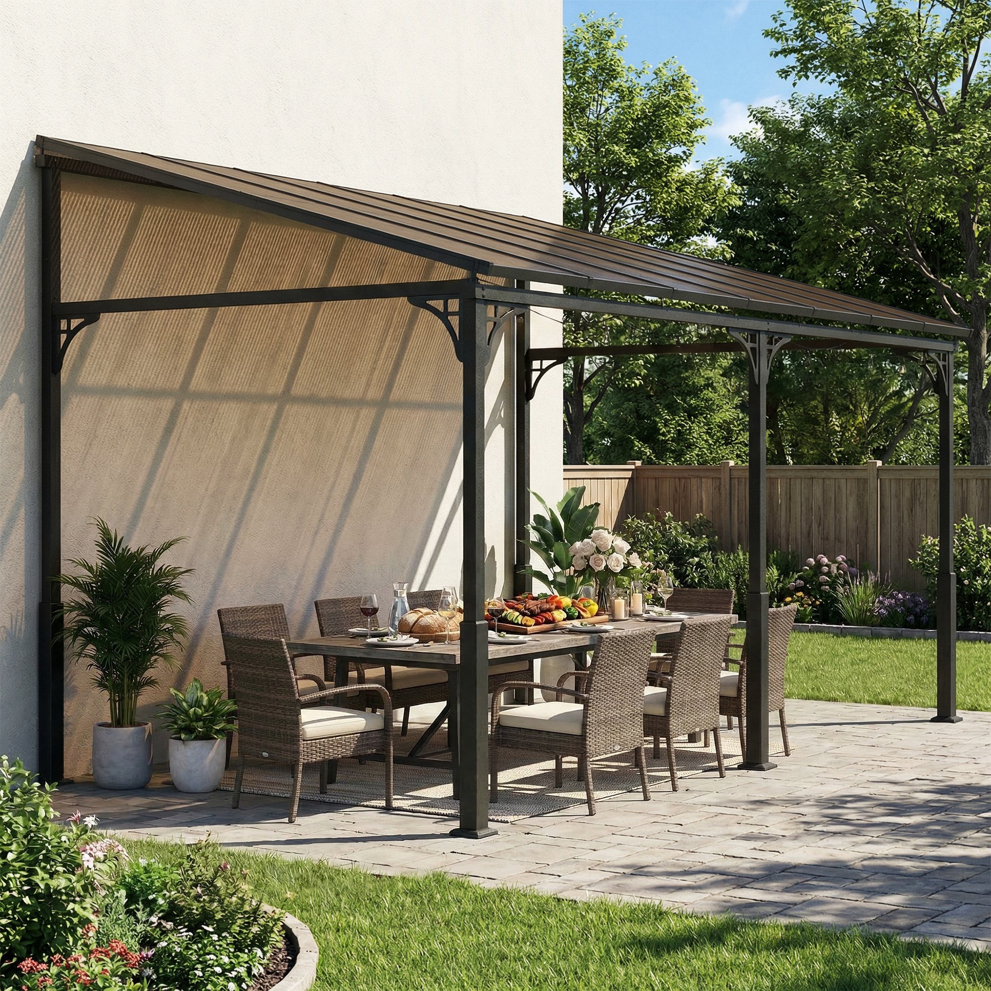  Pergola Adosata 4x3 m cu Acoperis din Policarbonat, Foisor din Metal si Aluminiu cu suruburi, pentru Exterior, Terasa si Gradina, Protectie UV, Maro [7]