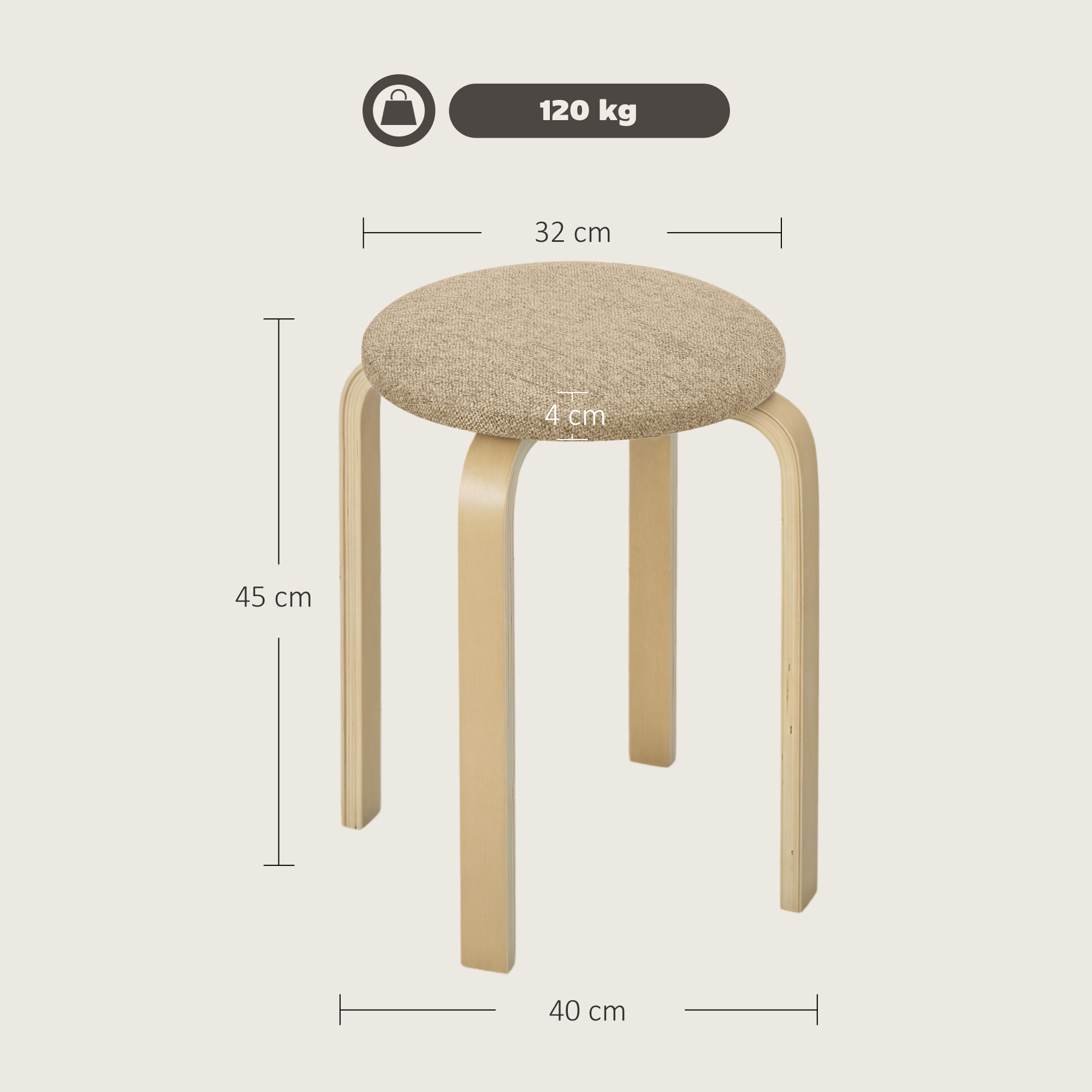  Set 4 Taburete Stivuibile si Captusite cu tesatura si Picioare din Lemn, Kaki [2]