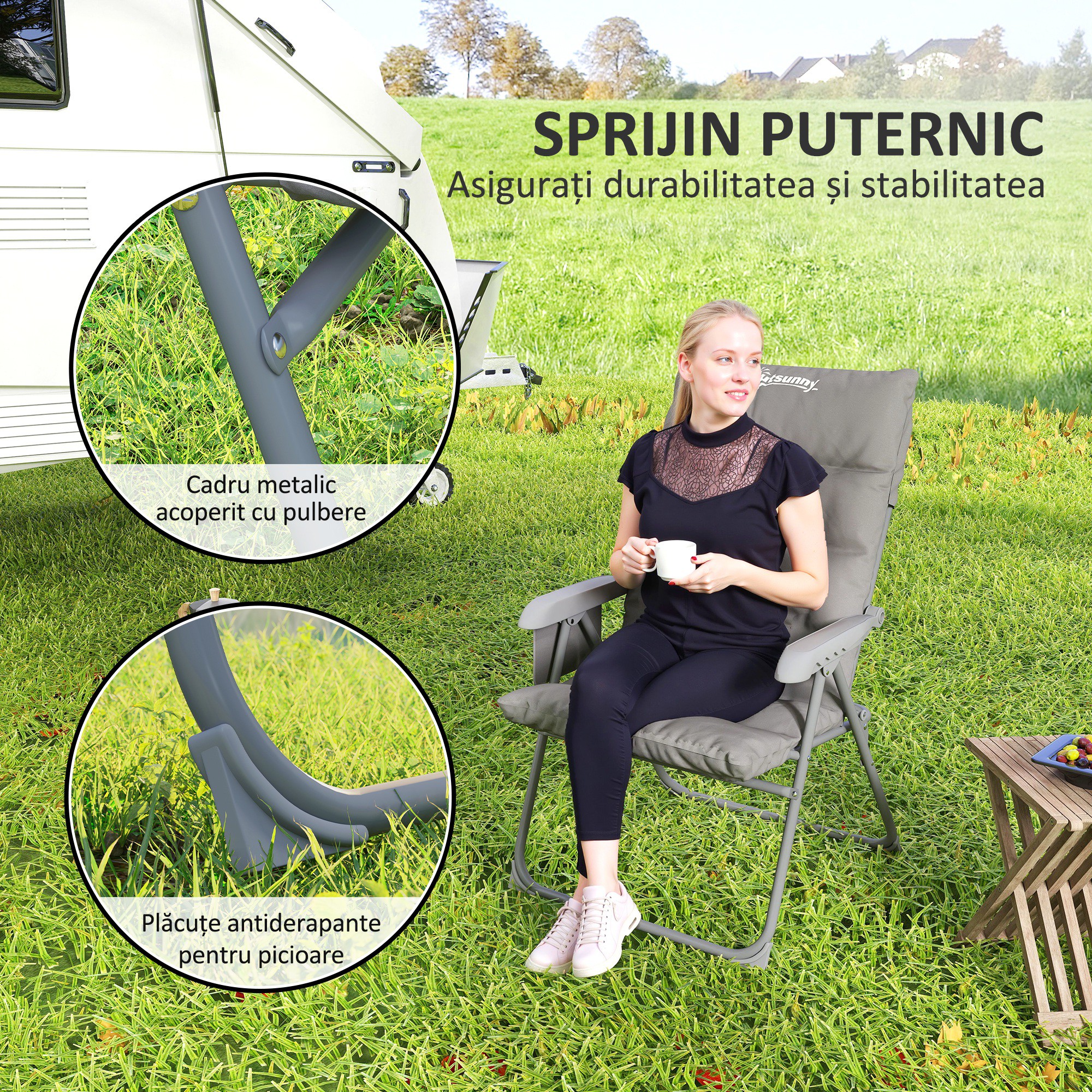  Scaun de Camping Pliabil cu Spatar inalt Reglabil in 5 Pozitii si Buzunare Laterale, 66x58x105 cm, Gri Deschis [5]