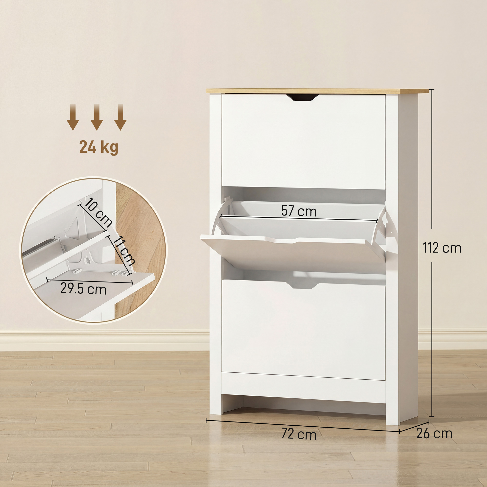  Dulap pentru Pantofi Slim pentru 18 Perechi de Pantofi, 3 Sertare cu 2 Rafturi Reglabile si Detasabile, 72x26x112 cm, Alb [2]