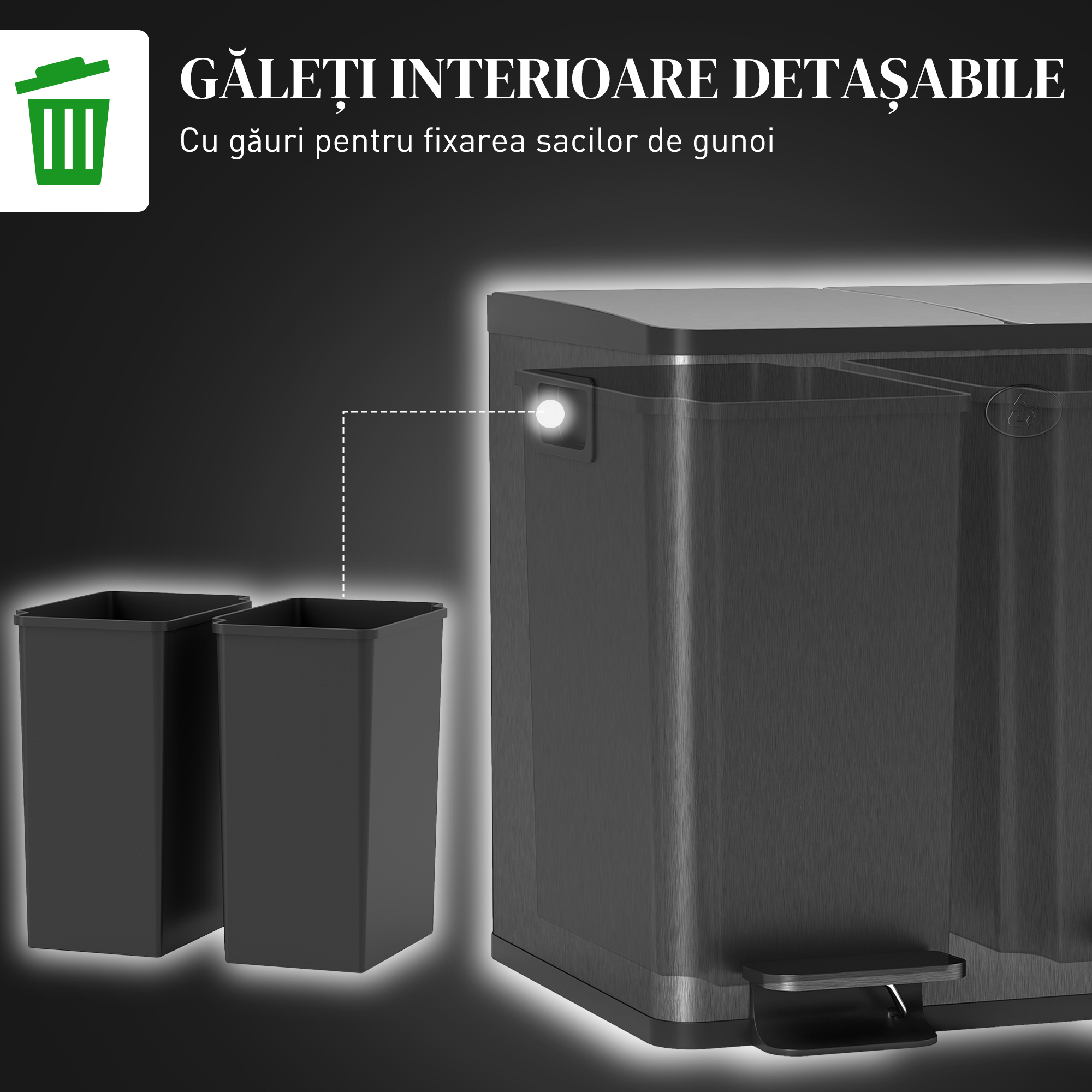  Cos de Gunoi cu 2 Sectiuni de 15L, cu inchidere Silentioasa, din Otel Inoxidabil si PP, 41.7x36.6x43.2 cm, Negru [6]