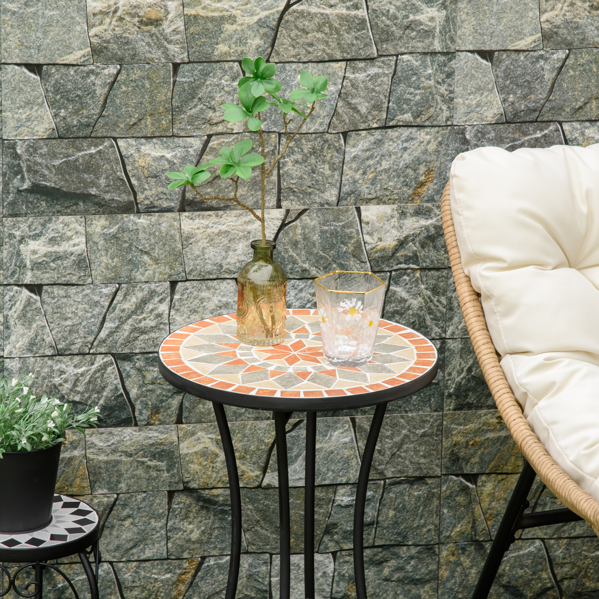  Masuta Rotunda de Gradina, Masuta de Cafea pentru Exterior cu Blat Ceramic Mozaic, Structura din Metal, pentru Balcon si Terasa, Ø35,5x53,5 cm, Negru, Galben, Gri, Alb [6]