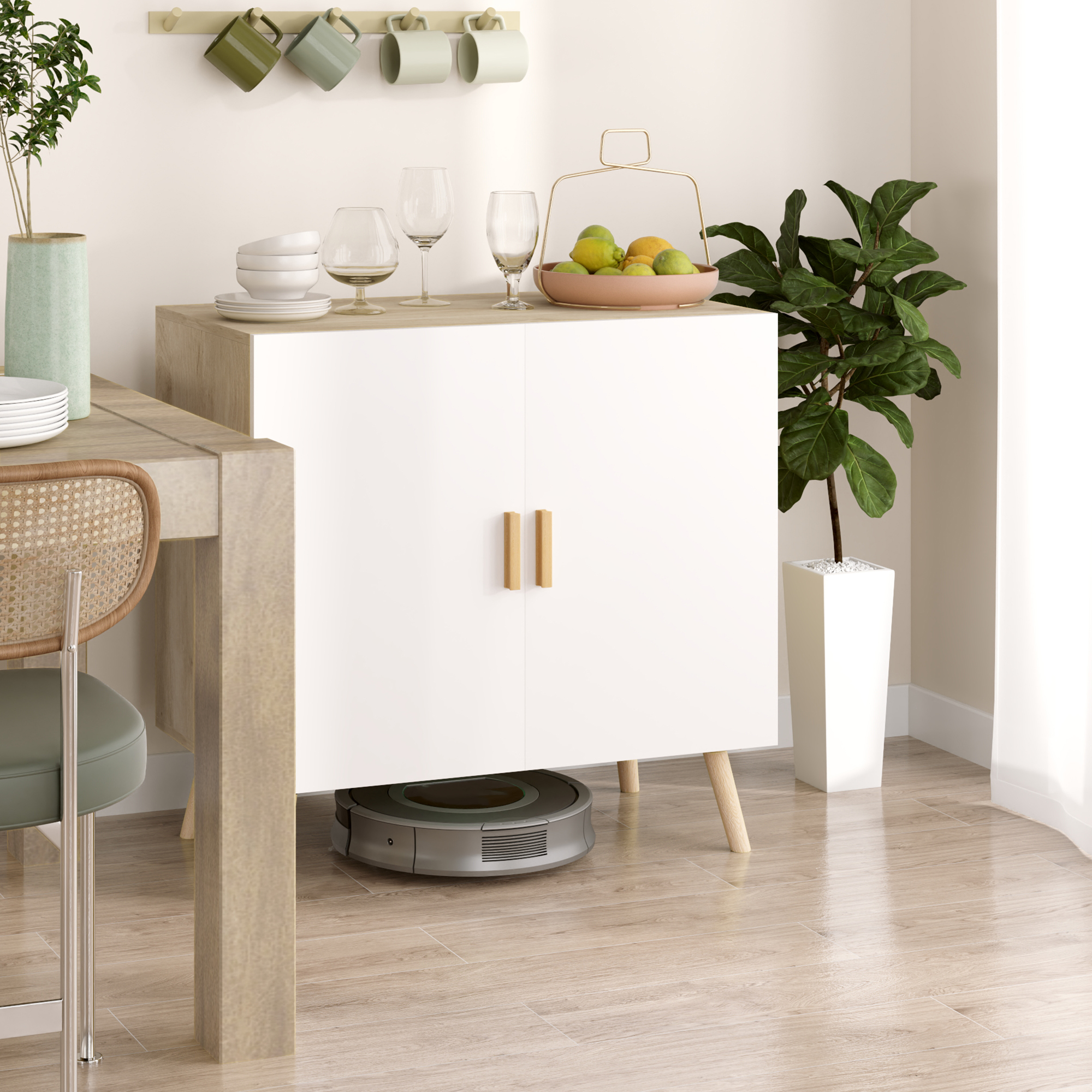  Comoda Moderna cu Raft Reglabil pe 3 Niveluri din Lemn, Alb si Stejar [6]