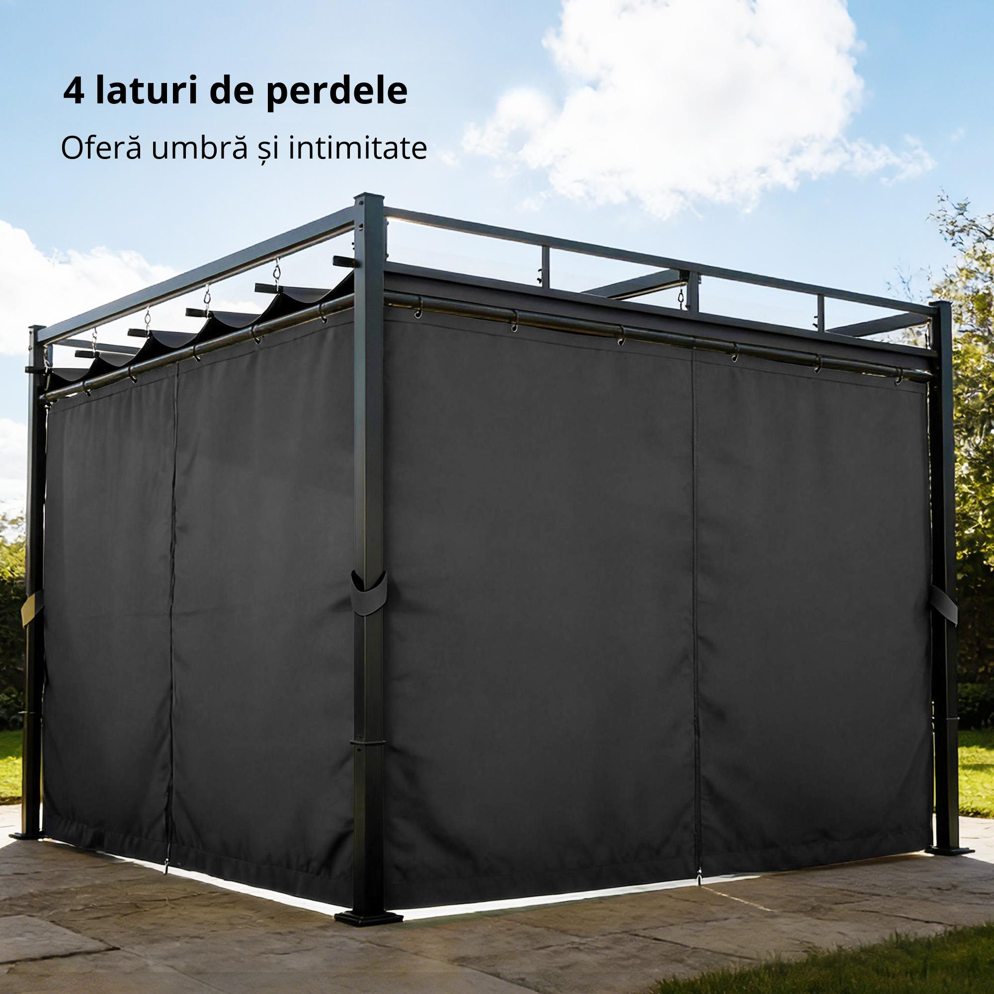  Pergola Gazebo 3x3 m cu Acoperis Retractabil, 4 Pereti Laterali, Orificii de Drenare, Pergola din Poliester si Otel pentru Gradina, Terasa, Exterior, UV30+, Gri inchis [5]