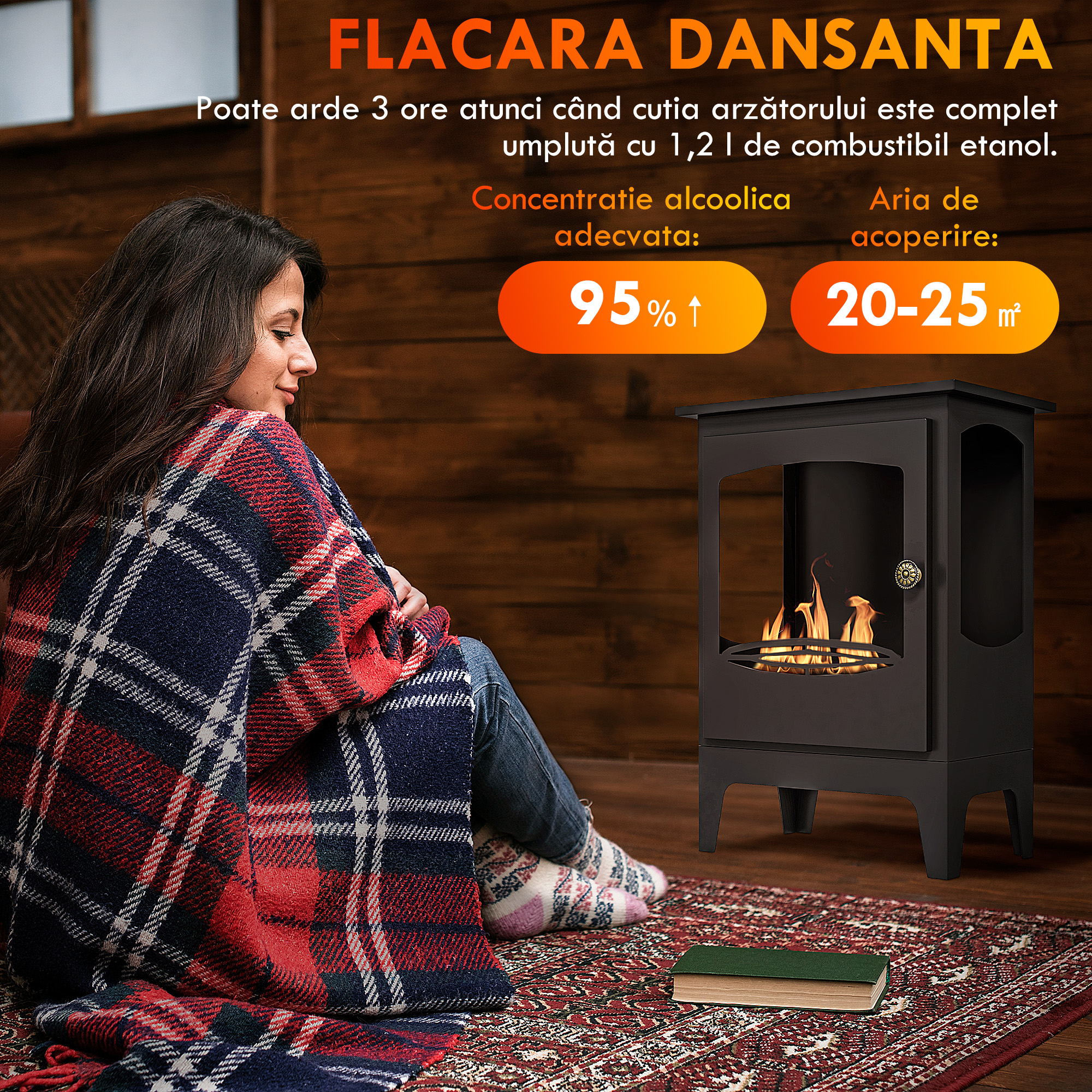  semineu pe Bioetanol, Biosemineu cu Arzator de 1,2L pentru 3 Ore Durata de Ardere, 36x26x54 cm, Negru [3]