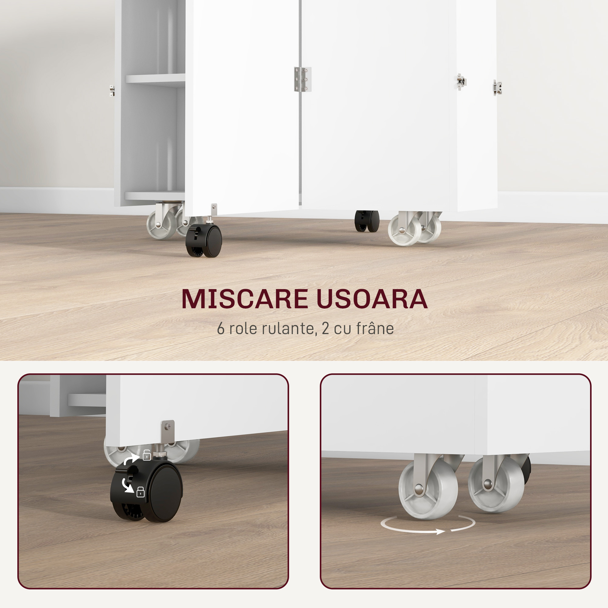  Masa Plianta, Rulanta, Masa Pliabila cu Cutie de Depozitare, Rafturi pe 3 Niveluri si Suport, 130x80x76.5 cm, Alb [5]