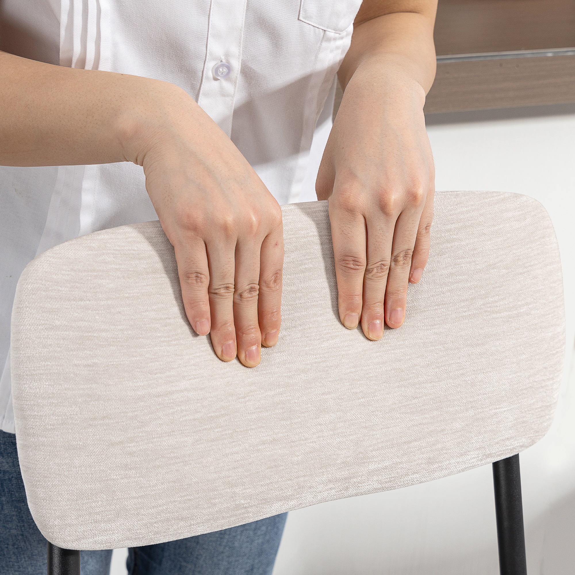  Set 2 Scaune de Bar cu Spatar inalt, Suport pentru Picioare si Tapiterie din Chenille, Crem [8]