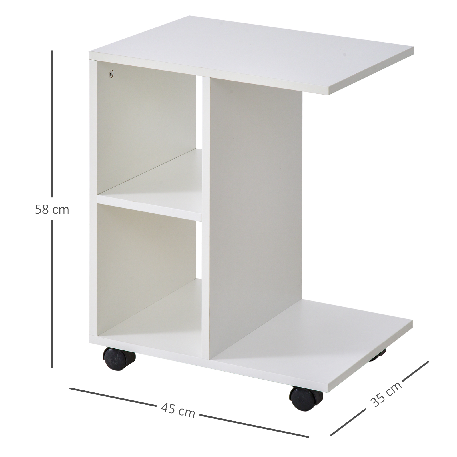  Masa Living cu 2 rafturi deschise si 4 roti pivotante, MDF, 45x35x58cm, alb [2]