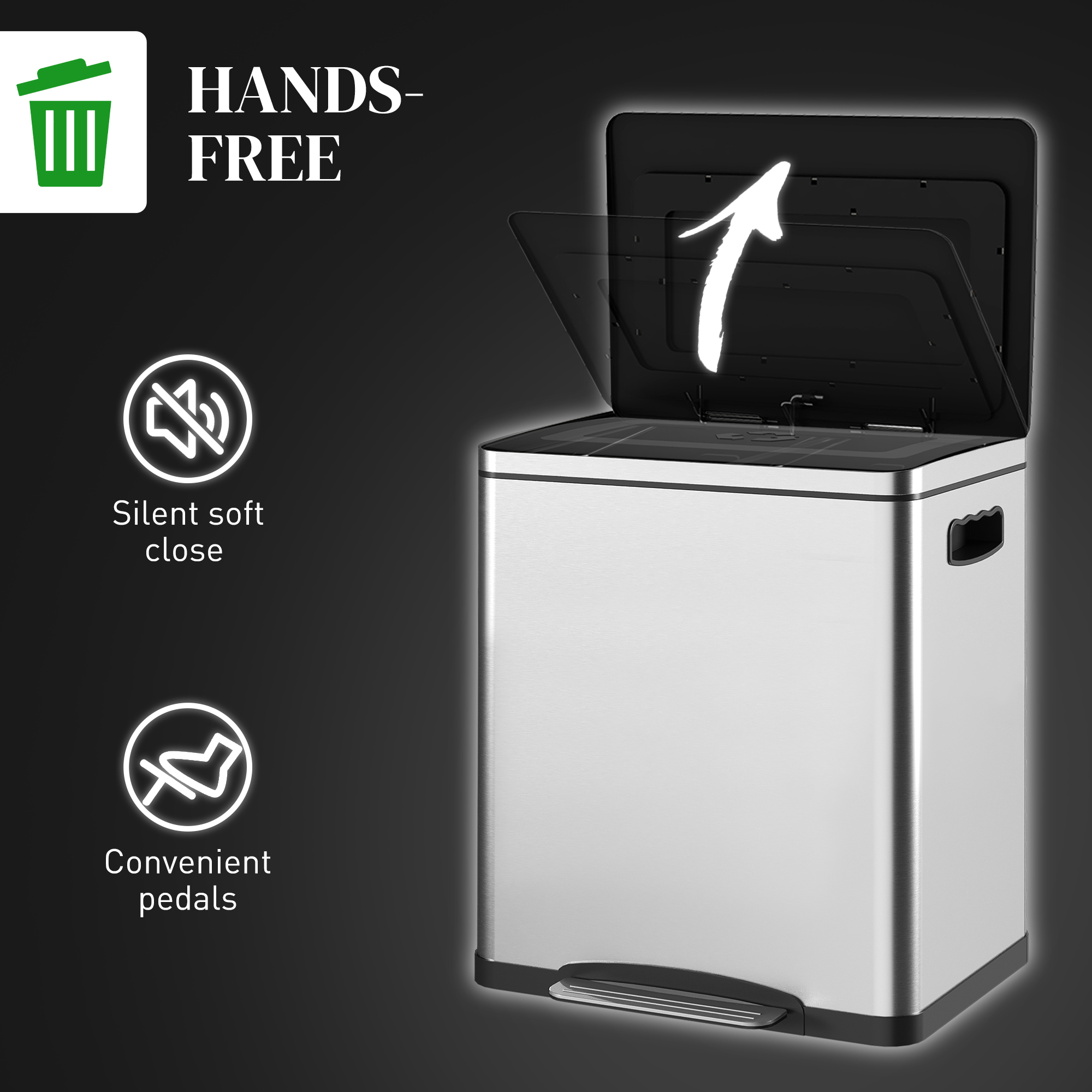  Cos de Gunoi cu 2 Sectiuni de 15L cu Pedala si Capac cu inchidere Lina, 40x34,8x47,5 cm, Argintiu [4]