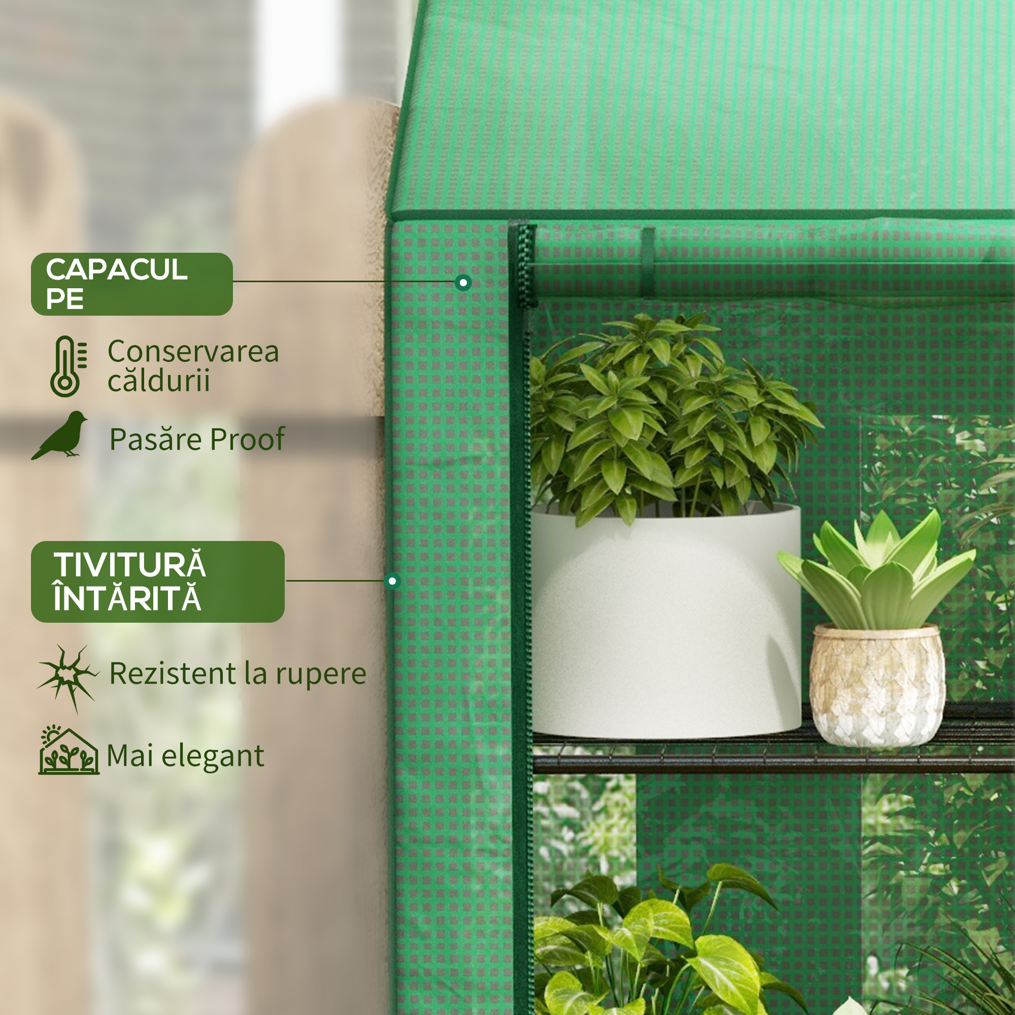  Sera de Gradina cu Copertina din PE, Sera cu Acoperis inclinat, 2 Usi Rulante si 6 Rafturi, 143x46x151cm, Verde [3]