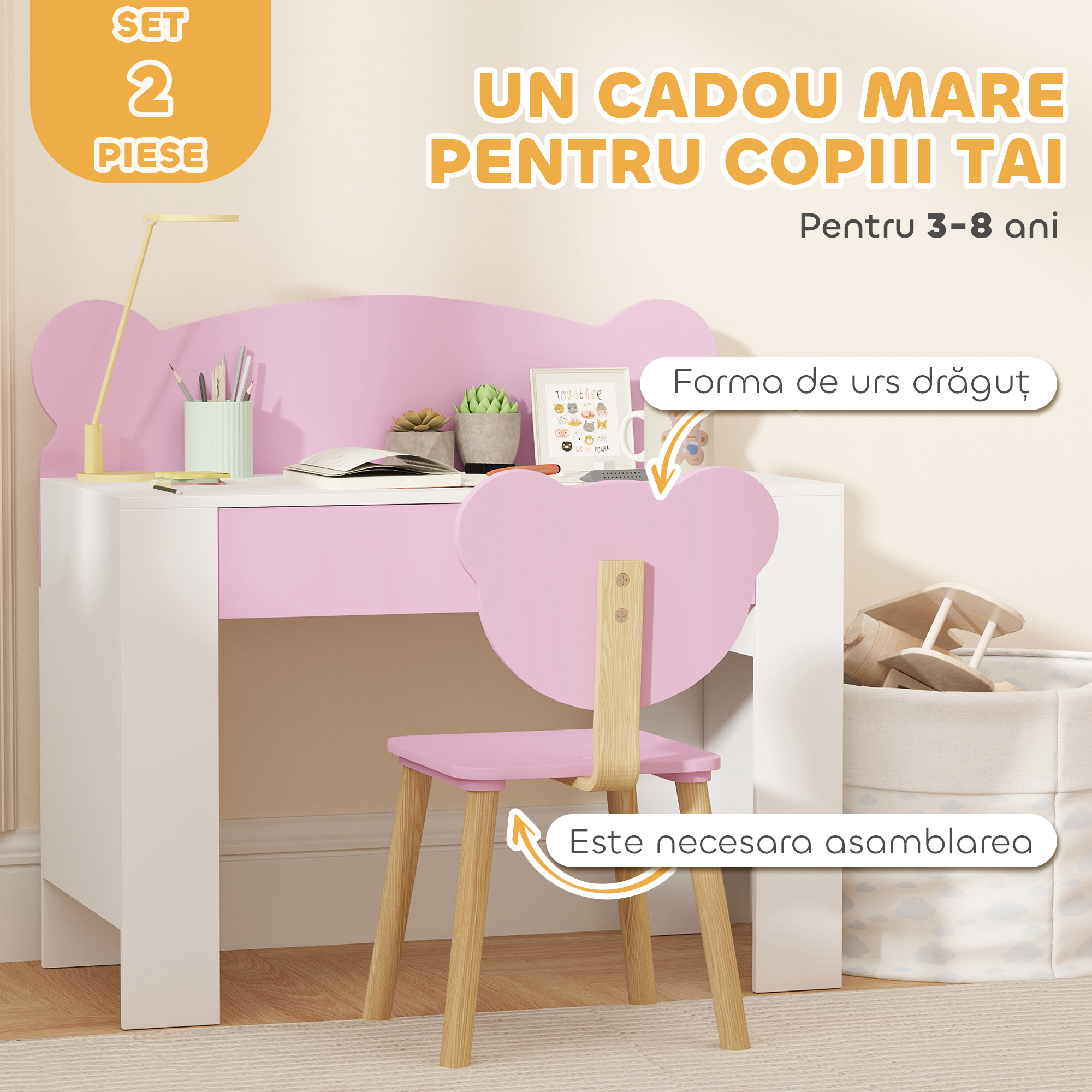  Set Birou cu Sertar si Scaun pentru Copii cu Ursulet 3-8 Ani Roz [6]