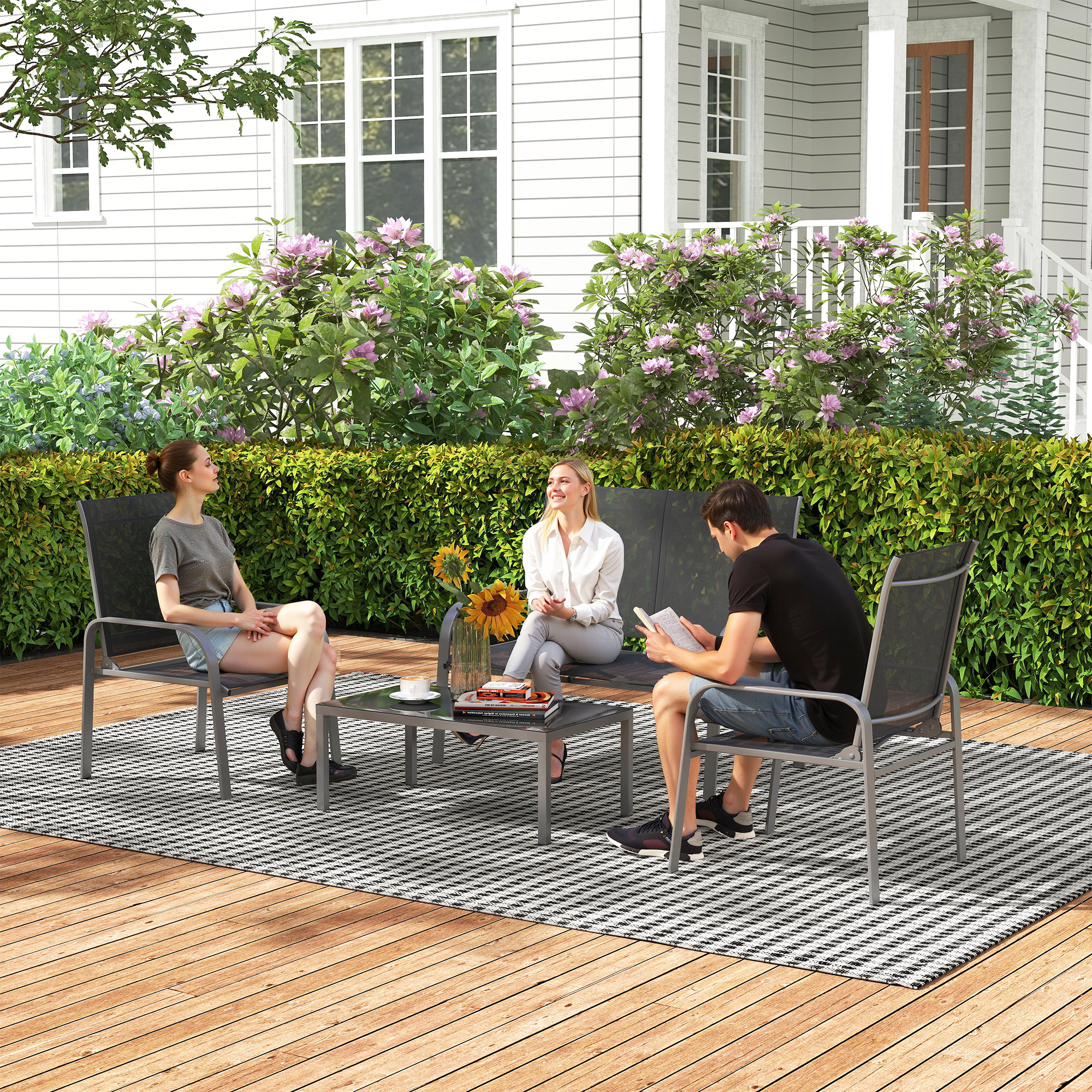  Set de Mobilier de Gradina din 4 Piese cu Canapea, 2 Scaune si Masa de Cafea, 108x66x86 cm, Negru [1]