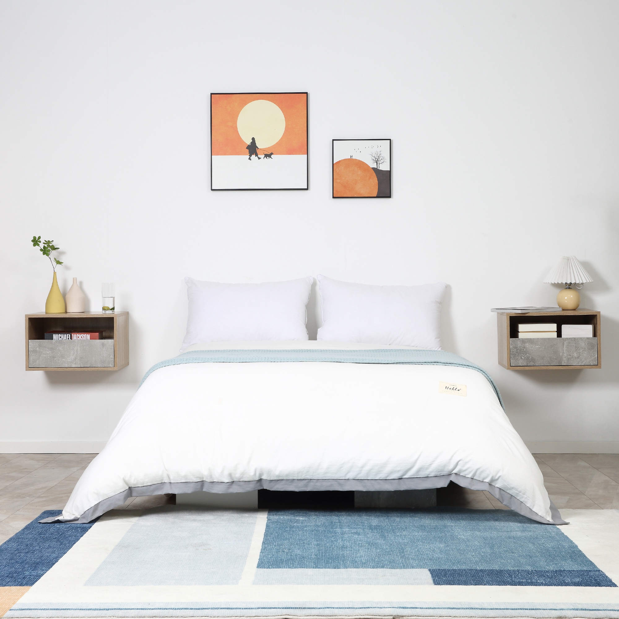  Set de 2 Noptiere Suspendate cu Sertar si Etajera 45x35x27.5cm - Gri/Culoare Lemn [8]