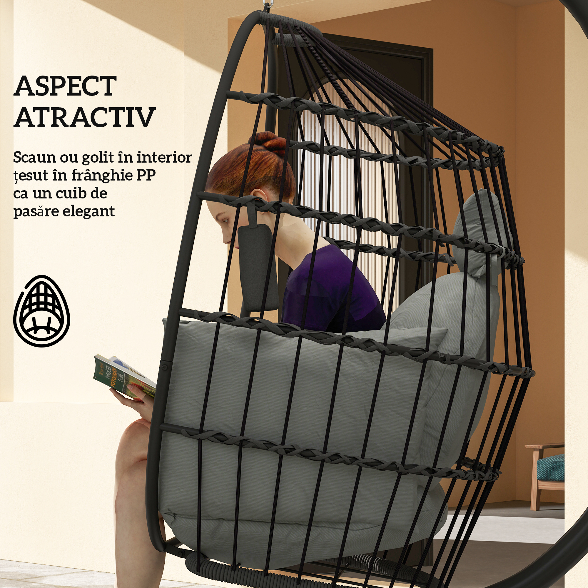  Scaun Suspendat in Forma de Ou cu Cos Pliabil si Perna Groasa, 120x88x192 cm, Negru [5]