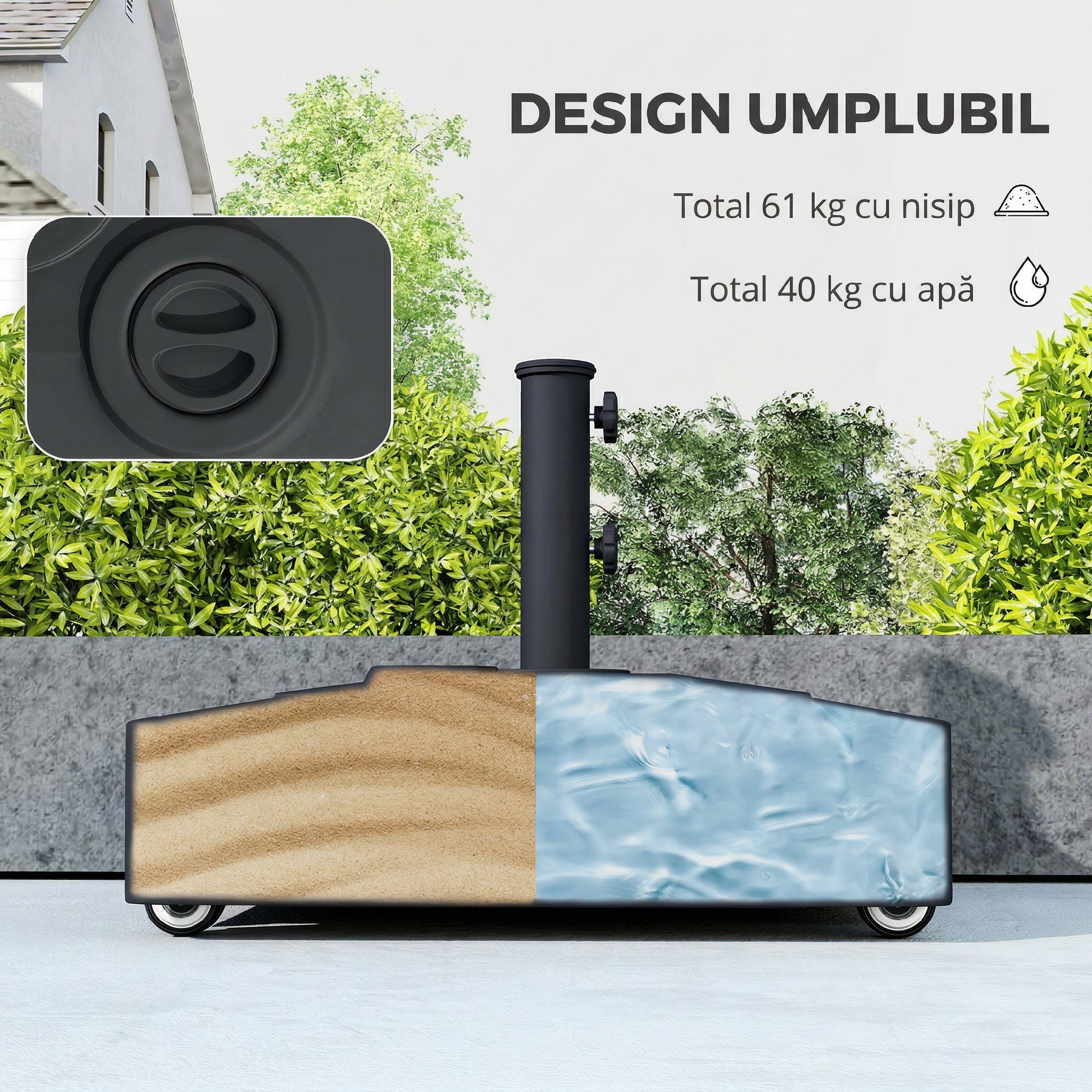  Baza pentru Umbrela cu Roti si Frane, Reumplere cu Apa 40kg/Nisip 61kg, pentru Stalpi de Ø35/38/48mm, Negru [4]