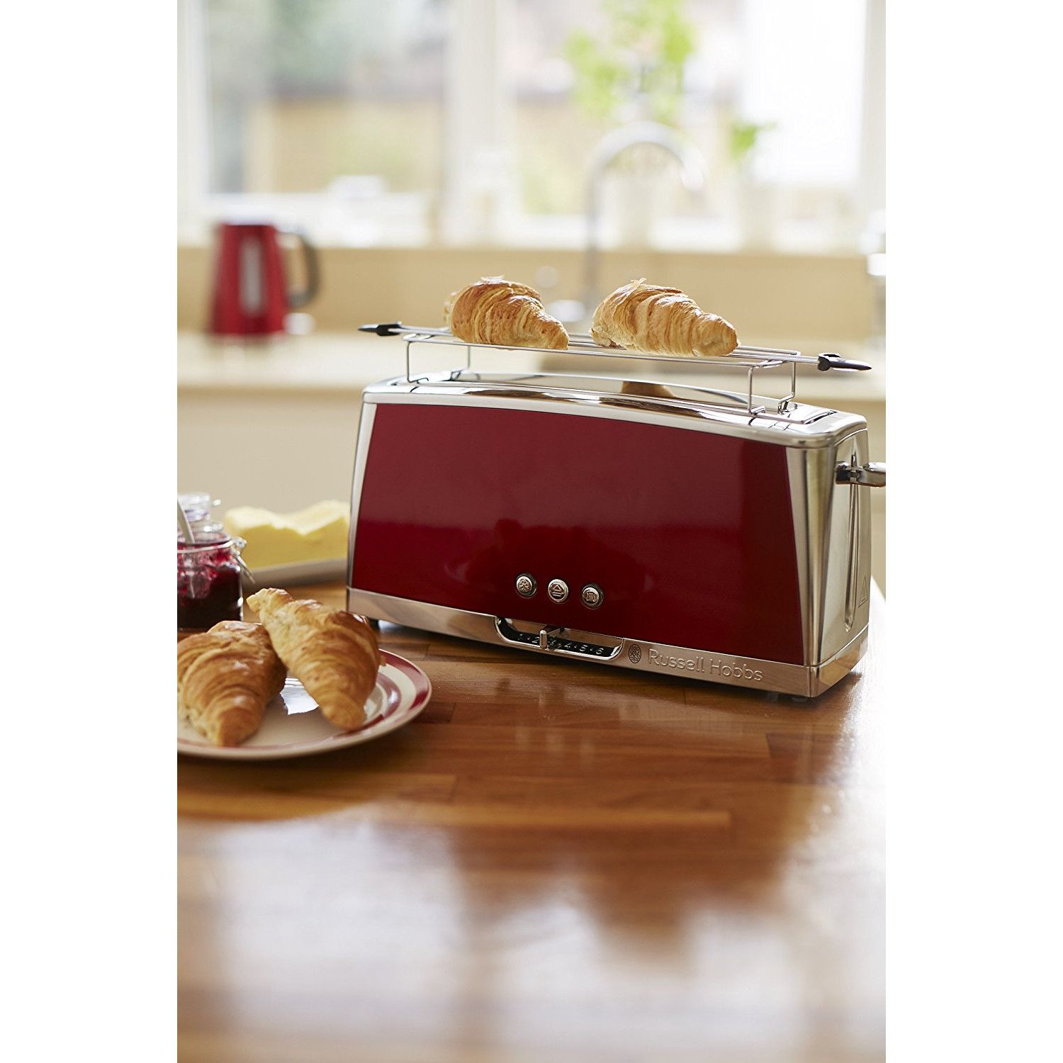 Prajitor de paine cu fanta lunga Russell Hobbs Luna, prajire rapida 55%, gratar chifle, tava firimituri detasabila, rosu [1]