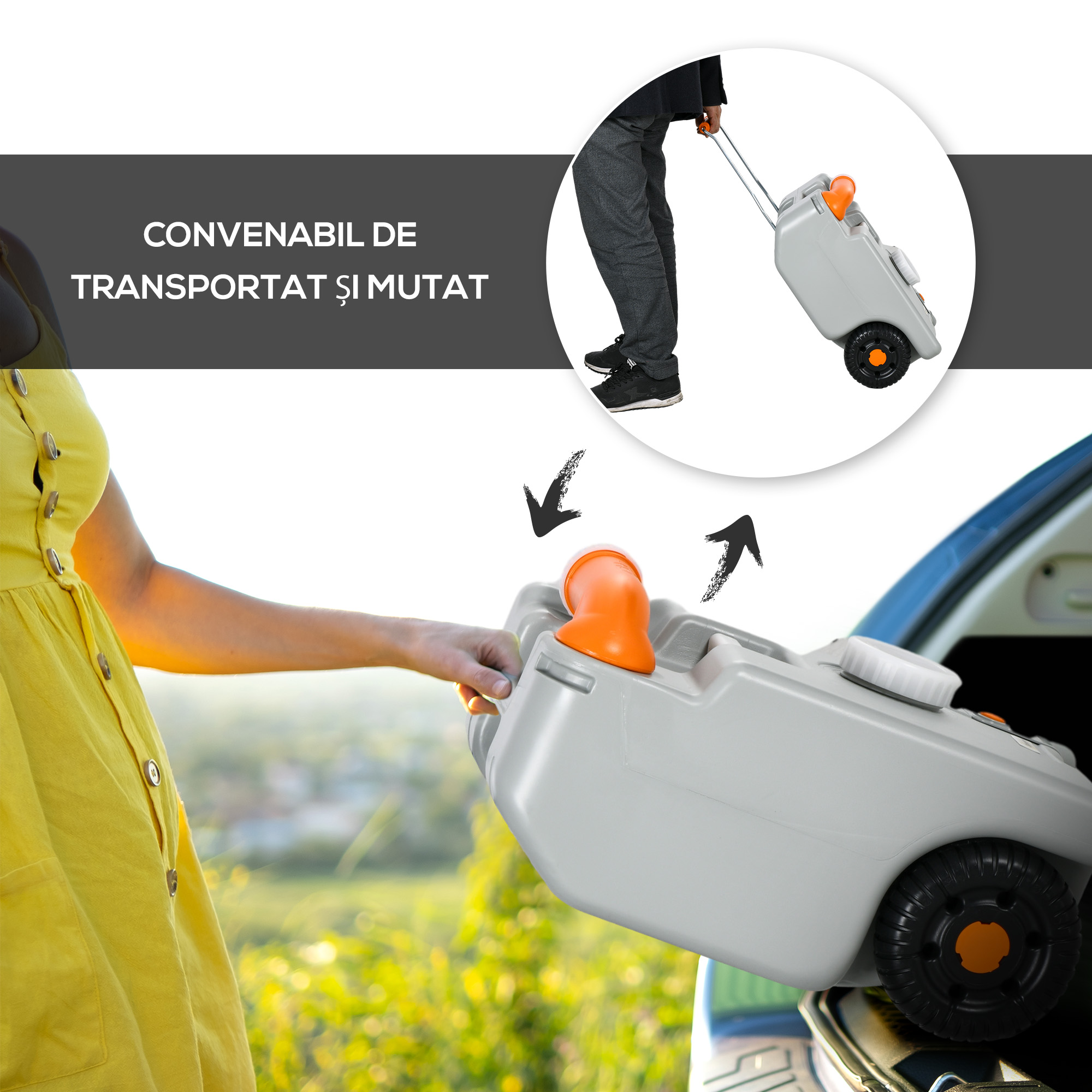  Rezervor pentru Apa de Camping 22L cu Roti si Maner si Duza Rotativa, Gri [4]