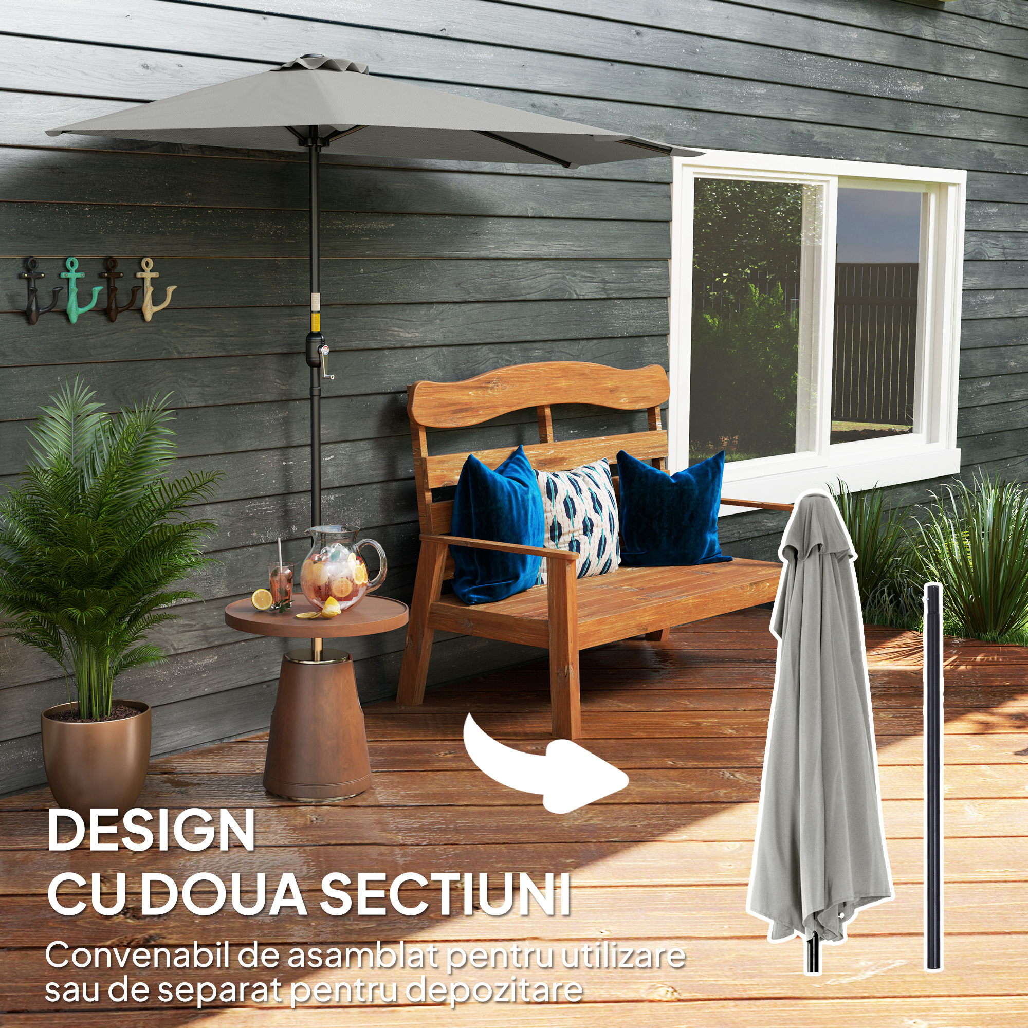  Umbrela Semicirculara de Perete pentru Gradina cu Deschidere cu Manivela din Poliester, Gri 269x138x236cm [6]