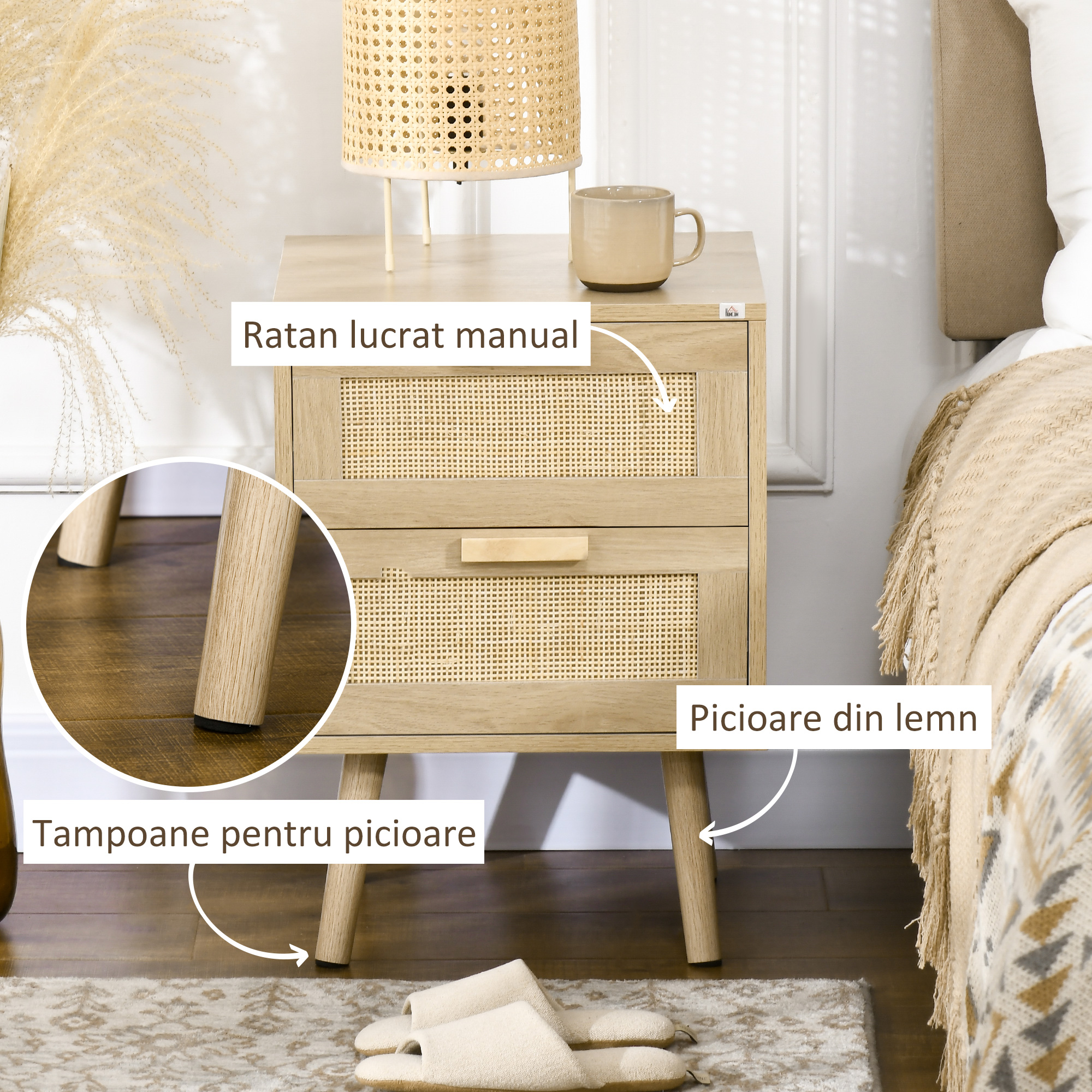  Noptiera pentru Dormitor cu 2 Sertare in Stil Boho, 40x40x56cm, Culoare Lemn Natural [7]