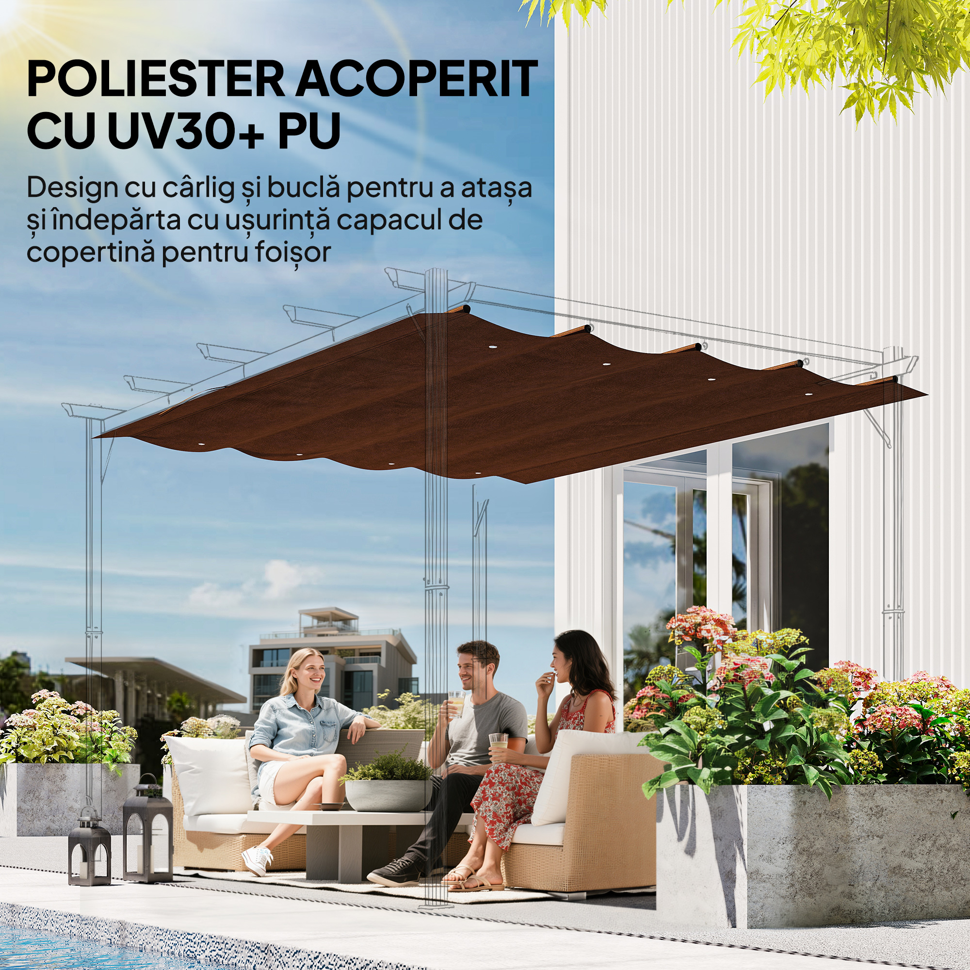  Acoperis Pergola, Copertina Retractabila pentru Pergola de 3 x 2.15m, Protectie UV30+, Gri inchis [4]