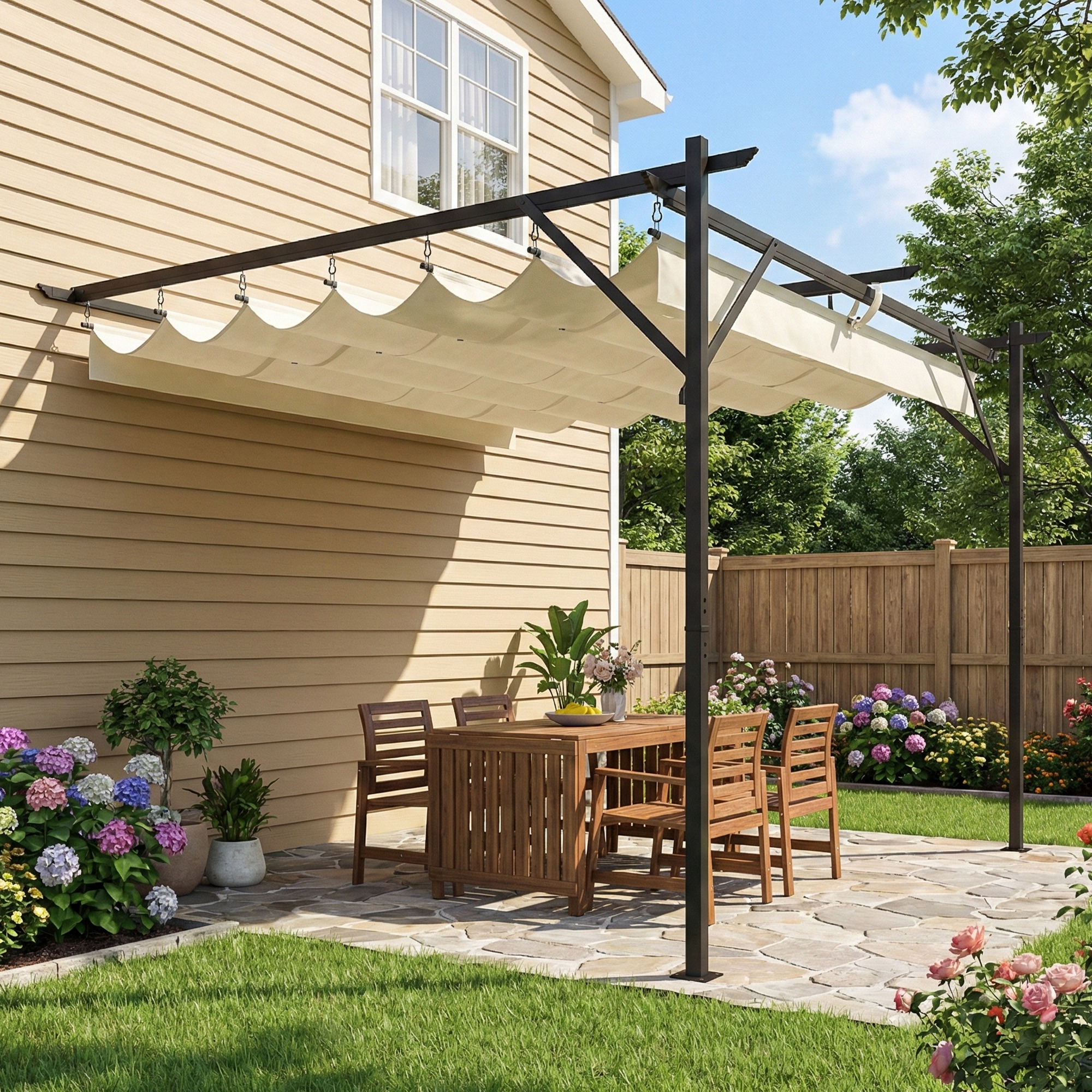  Pergola Adosata 3x3 m cu Acoperis Retractabil, Orificii de Drenaj, Pergola de Gradina din Poliester si Otel, pentru Terasa, Exterior, UV30+, Alb Crem [1]