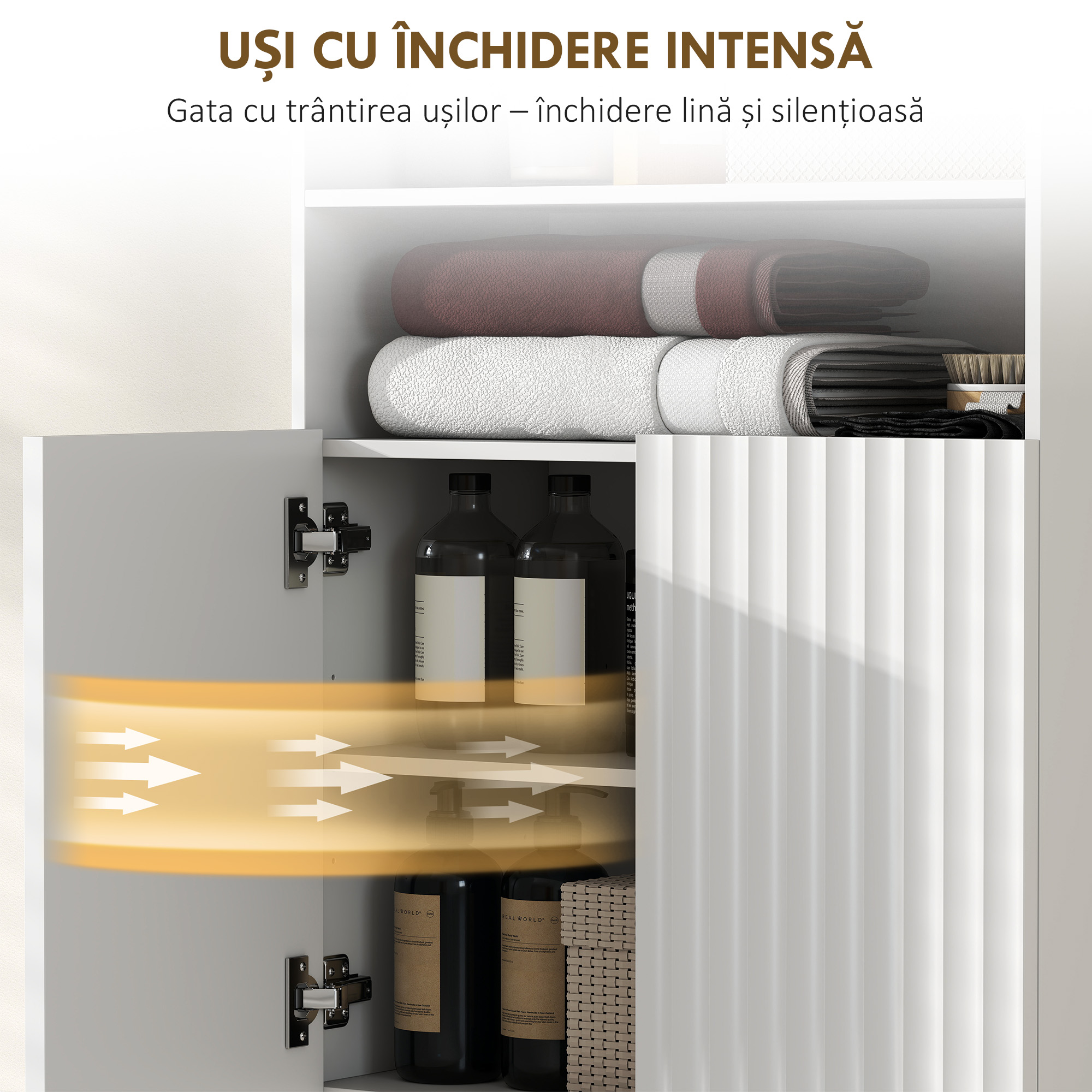  Dulap de Baie cu 2 Rafturi Deschise si Dulap, Dulap Compact cu Usi Amortizate, Raft Reglabil, pentru Bucatarie Living, 60x31.8x93 cm, Alb [5]