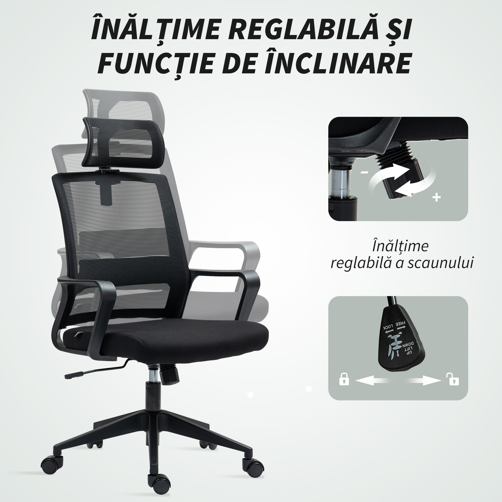  Scaun de Birou Ergonomic cu Tetiera, inaltime Reglabila si Functie de Balansare, 60x64x102-112 cm, Negru [5]