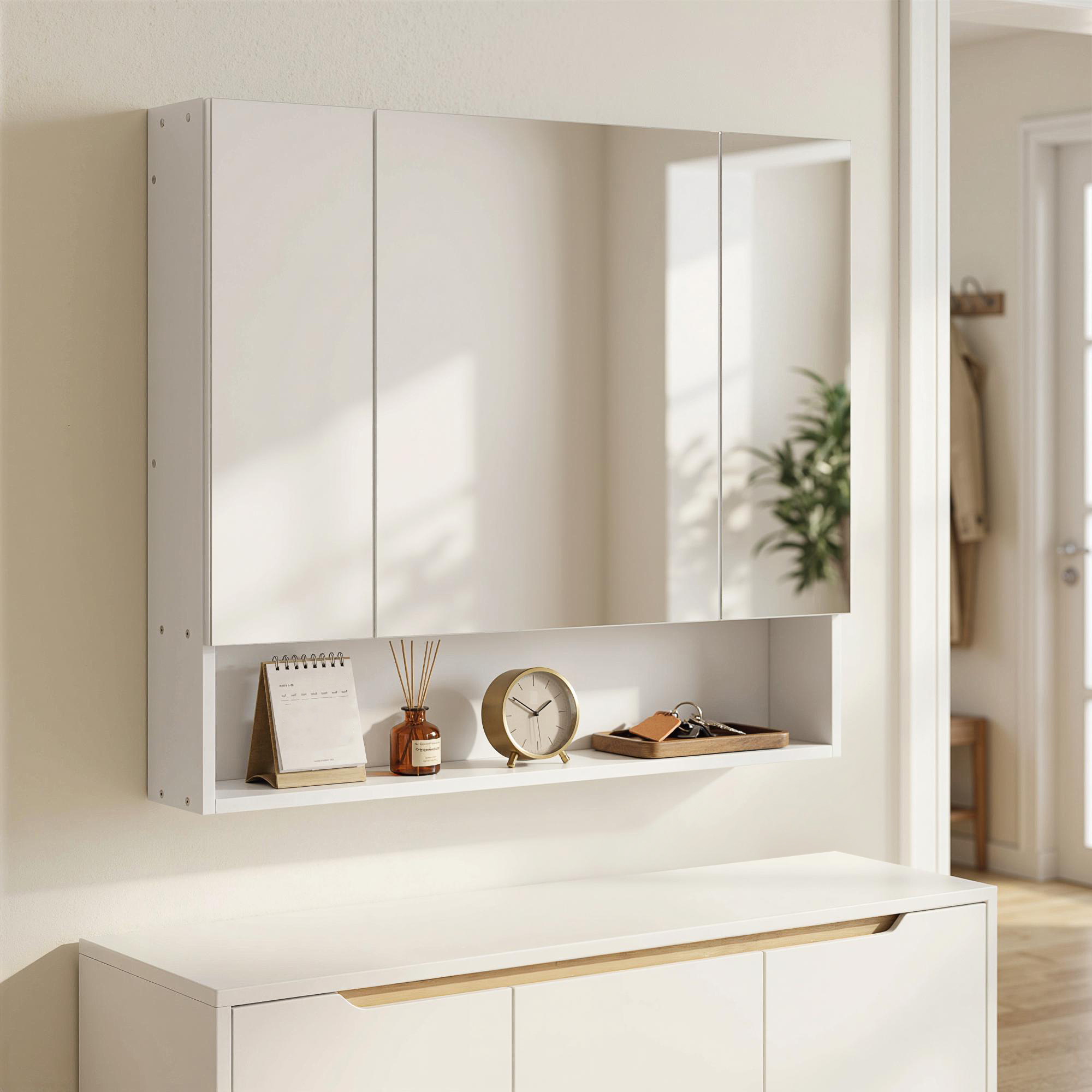 , Dulap cu Oglinda, 3 Usi Soft Close si Rafturi Reglabile, MDF, sticla, 90 cm x 15 cm x 75 cm, Alb [8]