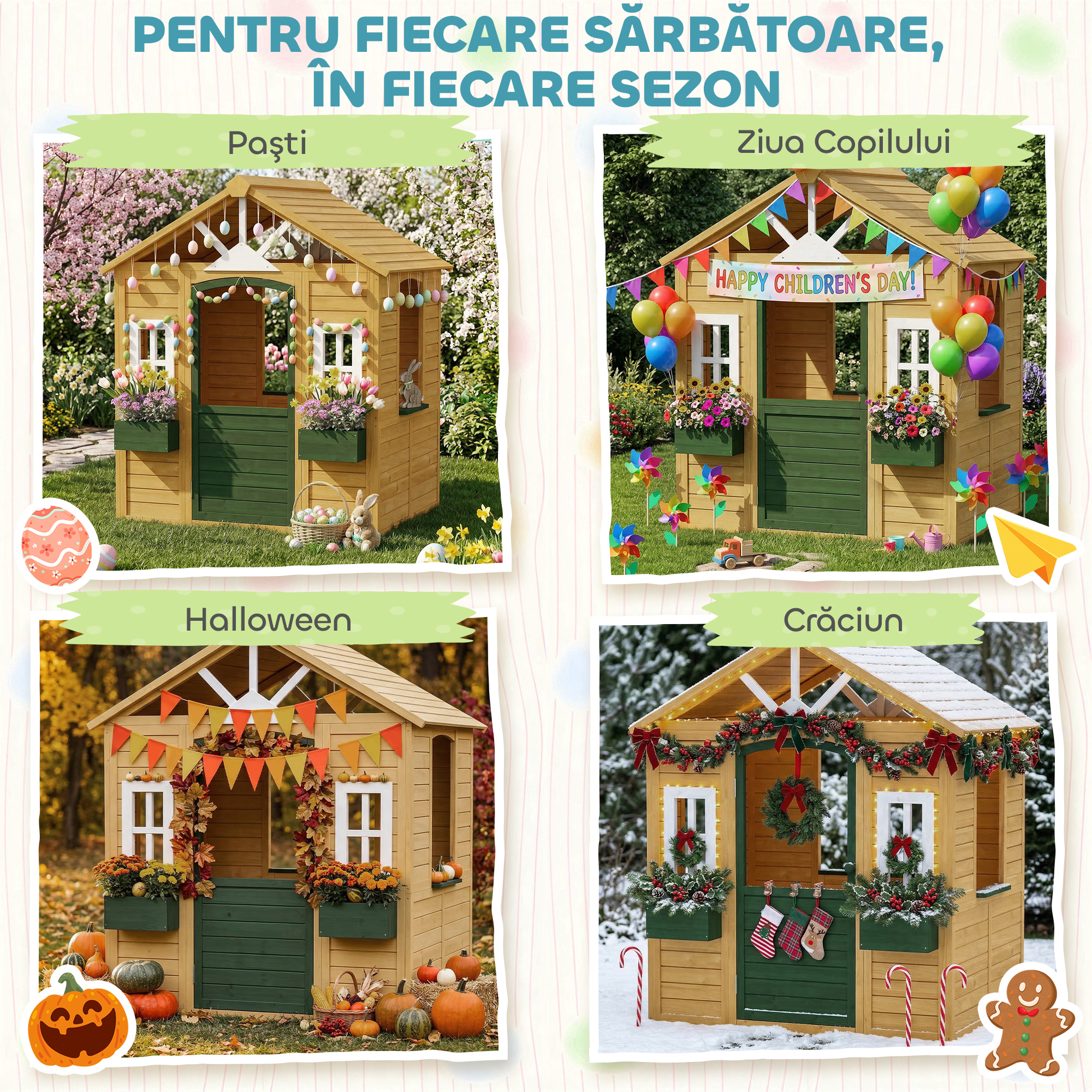  Casuta de Gradina pentru Copii din Lemn de Molid, Casuta de Exterior cu 3 Ferestre, 2 Jardiniere, Usa si Acoperis, pentru Copii 3-8 Ani, Interior si Exterior, 134.5x97x150 cm, Maro [8]