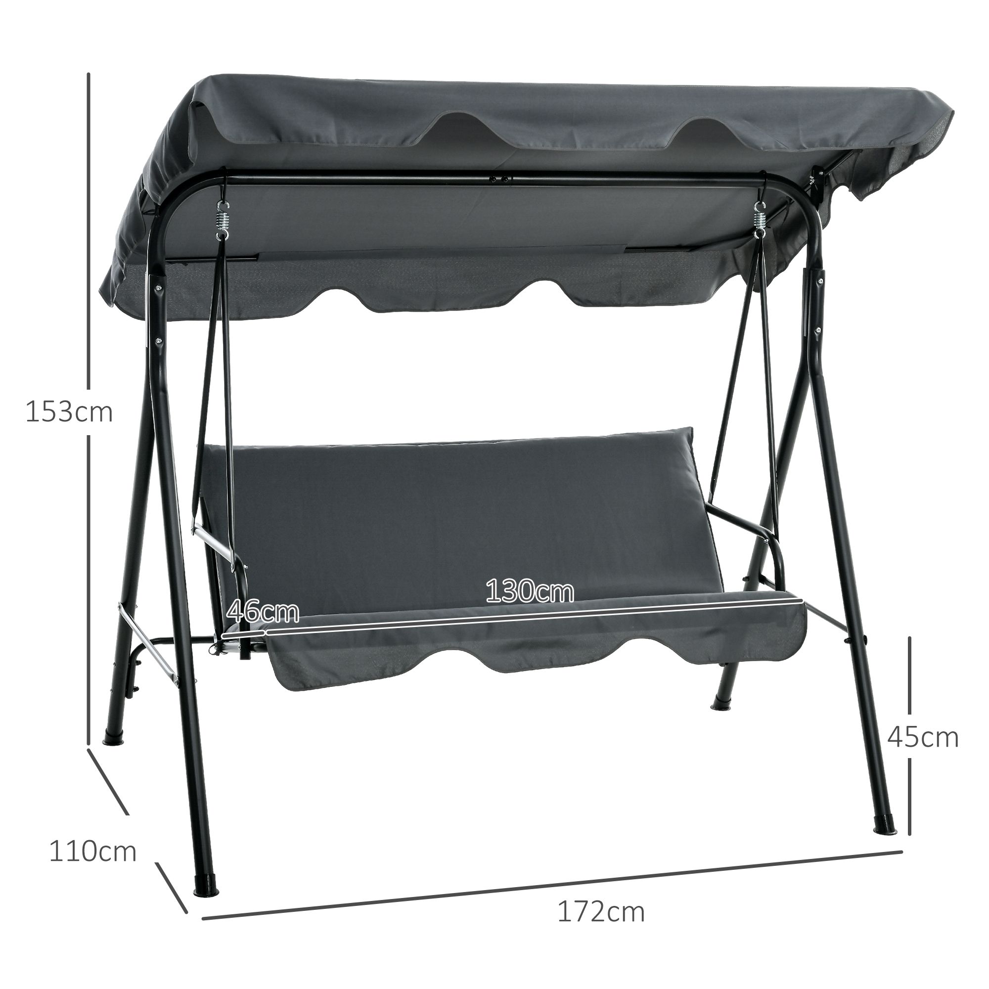  Leagan de Gradina cu 3 Locuri cu Copertina si Cadru din Otel si Poliester, 172x110x153 cm, Gri [2]