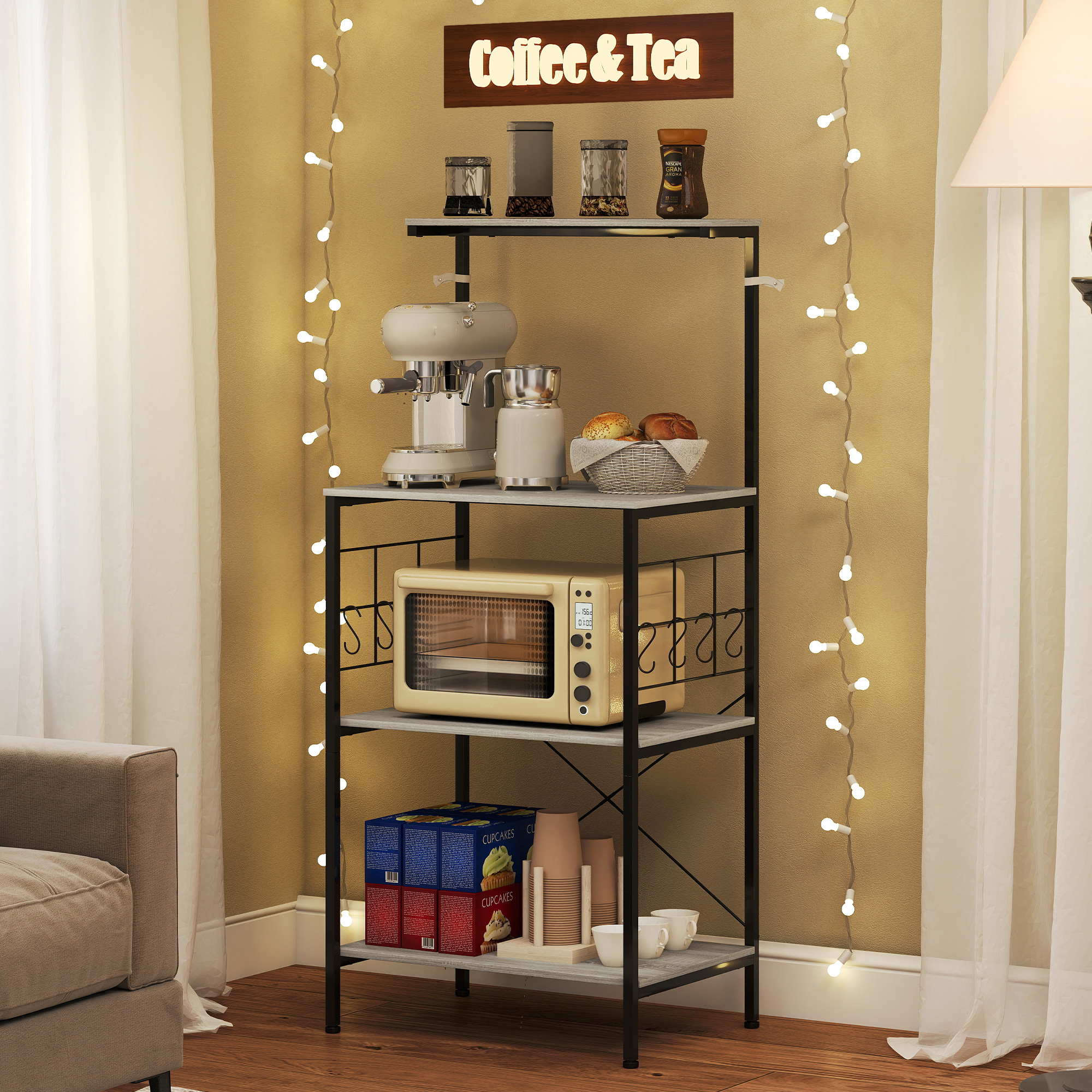  Raft de Bucatarie Stil Industrial cu 4 Nivele si 8 Carlige Stejar [6]