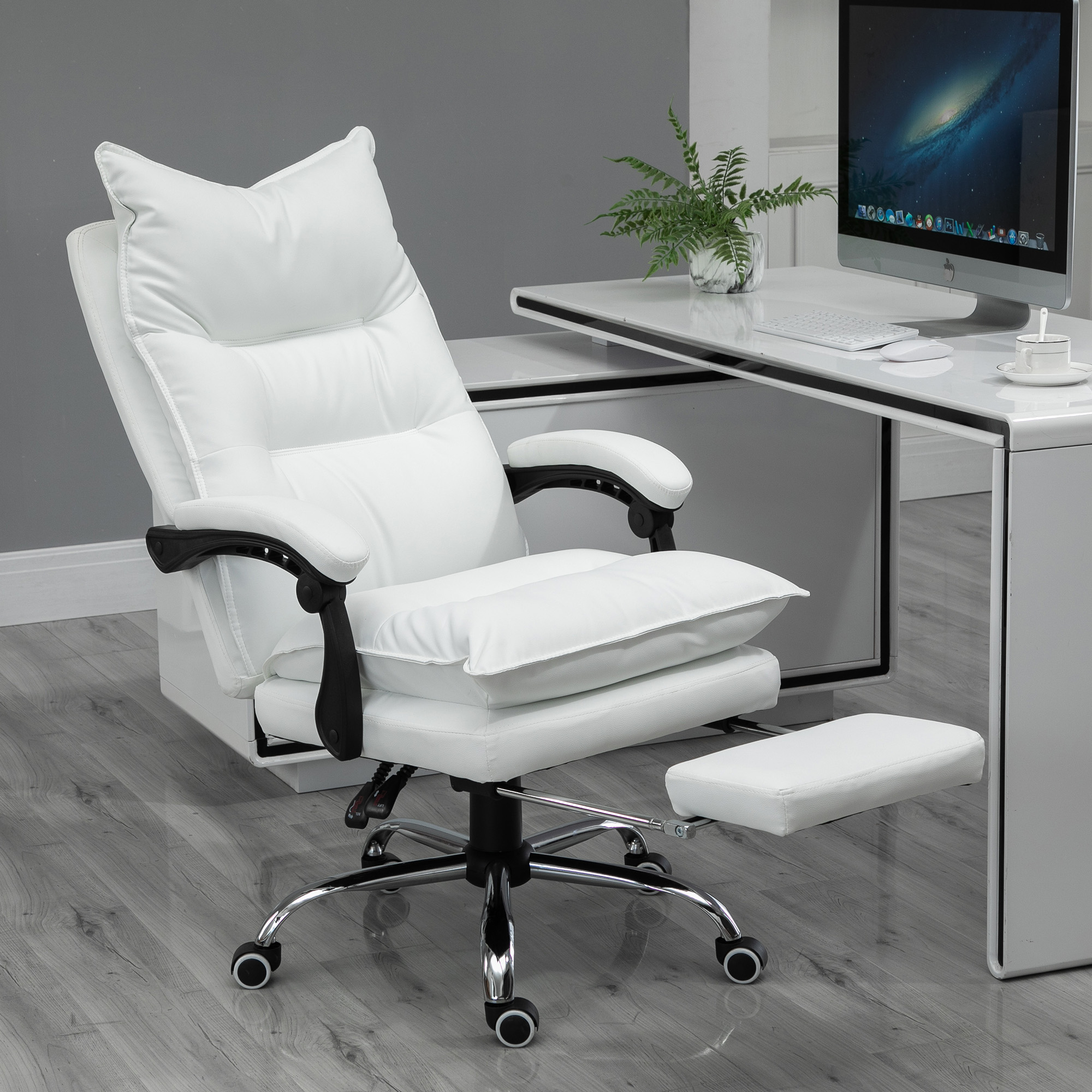  Fotoliu de Birou din Piele ecologica Alb Ajustabil Rabatabil la 155° Suport pentru picioare [1]