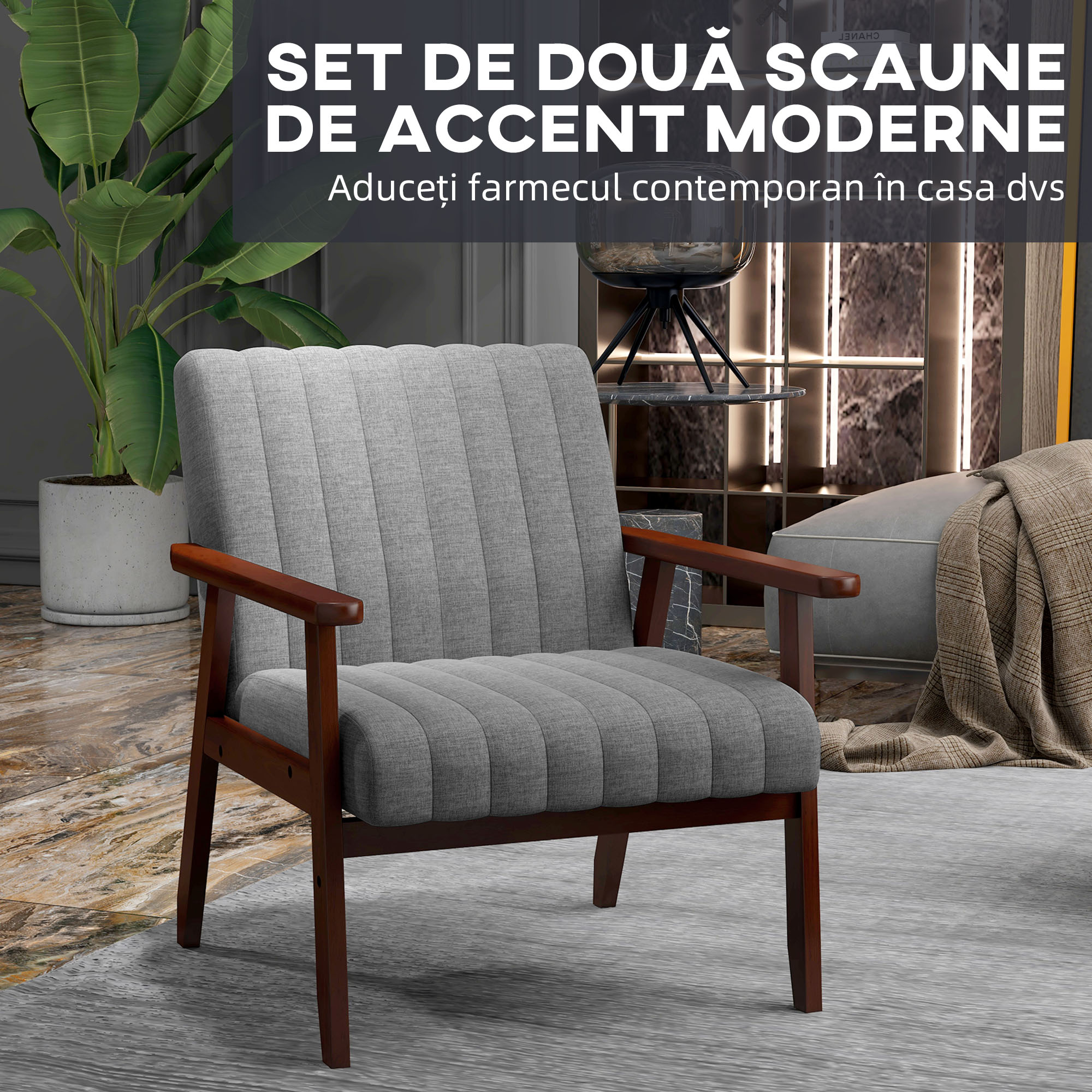  Fotoliu Tip Scaun din Material, Fotoliu Capitonat pentru Dormitor, Sufragerie, cu Picioare din Lemn, 64x74,5x75,5 cm, Gri [3]