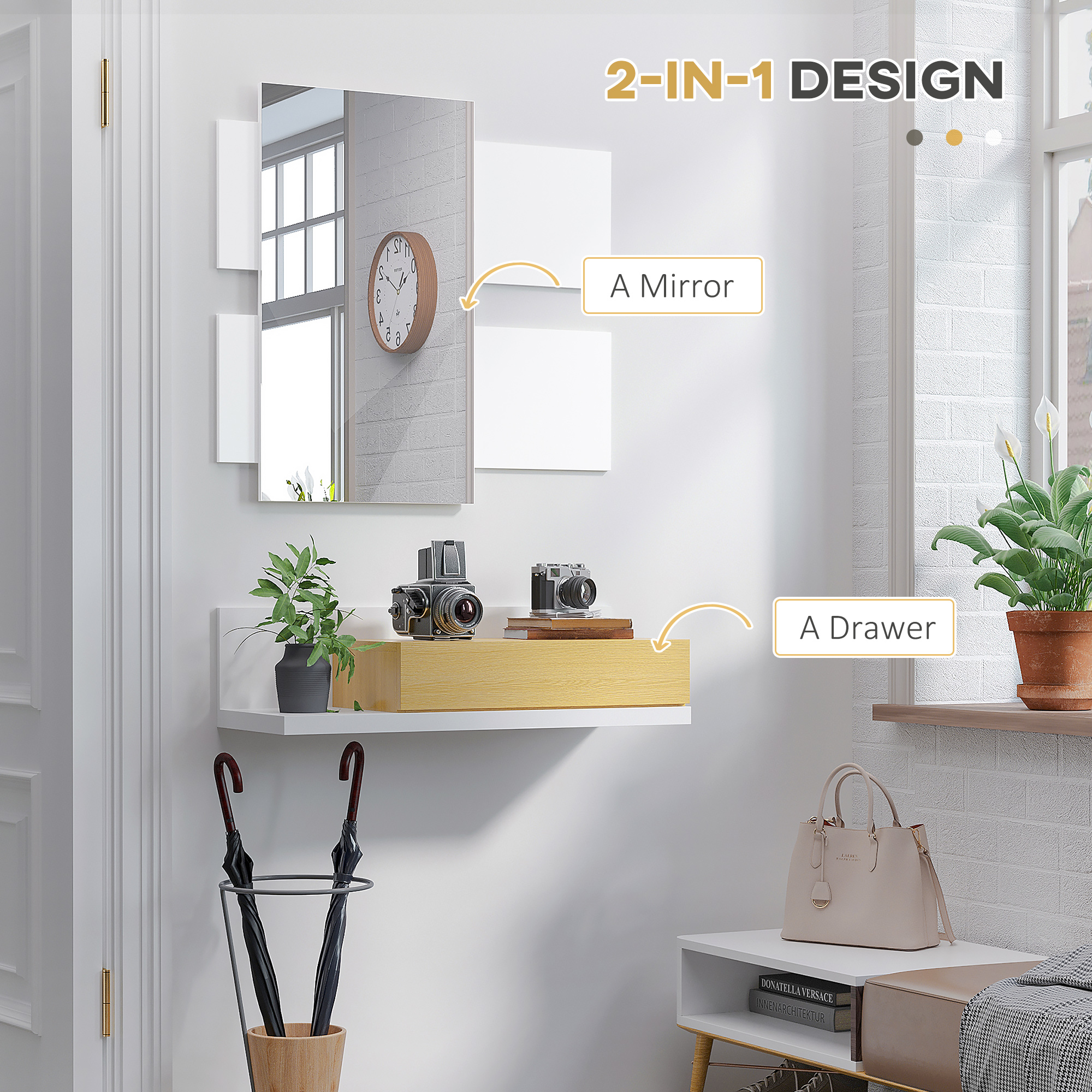  Set mobilier pentru hol cu oglinda si sertar, mobilier modern din lemn cu oglinda 40x70cm, fixare pe perete [3]