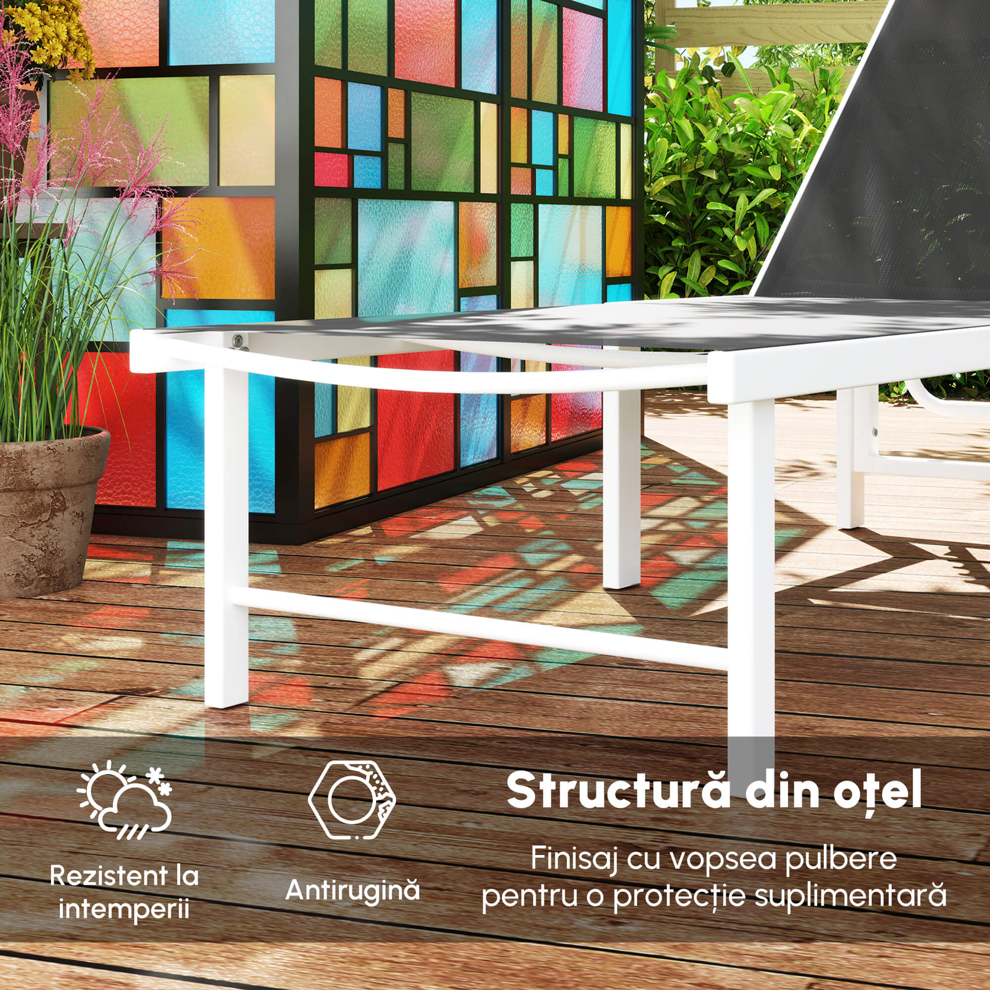  sezlong cu spatar reglabil pe 5 niveluri, din otel si textilen, 60x166x84 cm, alb si gri [5]