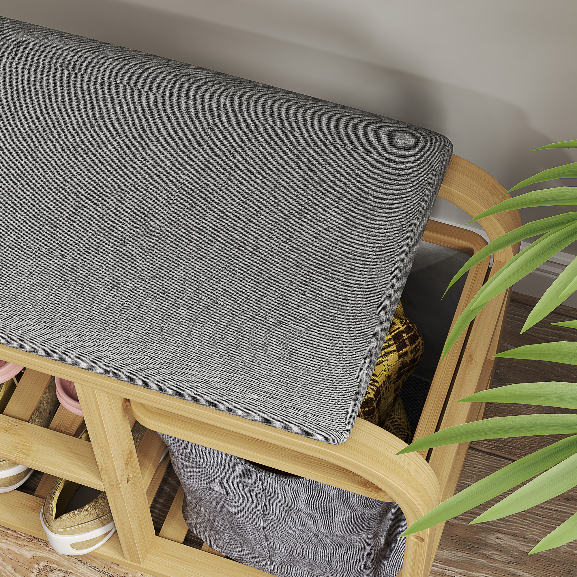  Banca pentru Pantofi din Bambus cu 2 Rafturi si Cos Detasabil, 70x30x45 cm, Lemn [7]