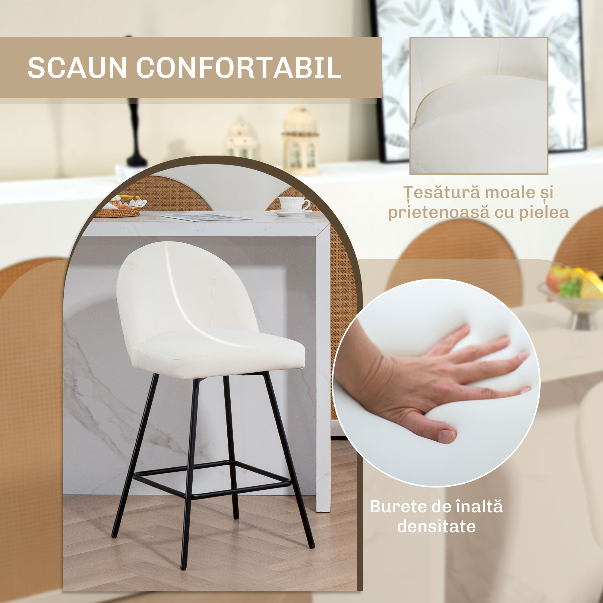 Set 2 Scaune de Bar cu Spatar din Catifea si Suport pentru Picioare, 48.5x56x92 cm, Alb Crem [3]