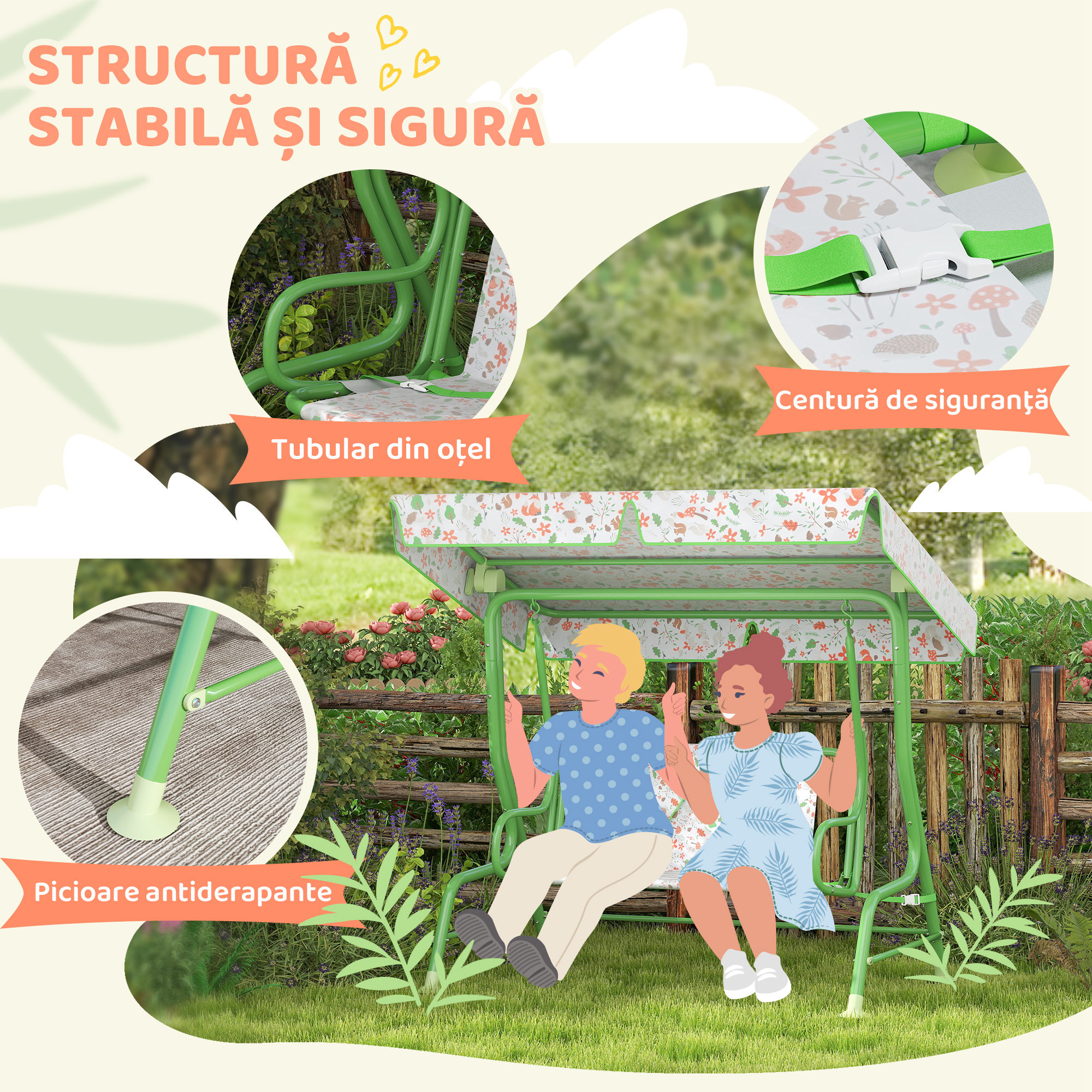  Balansoar pentru Copii de Exterior cu 2 Locuri cu Copertina Reglabila si Centuri de Siguranta, 112x75x120 cm, Verde [3]