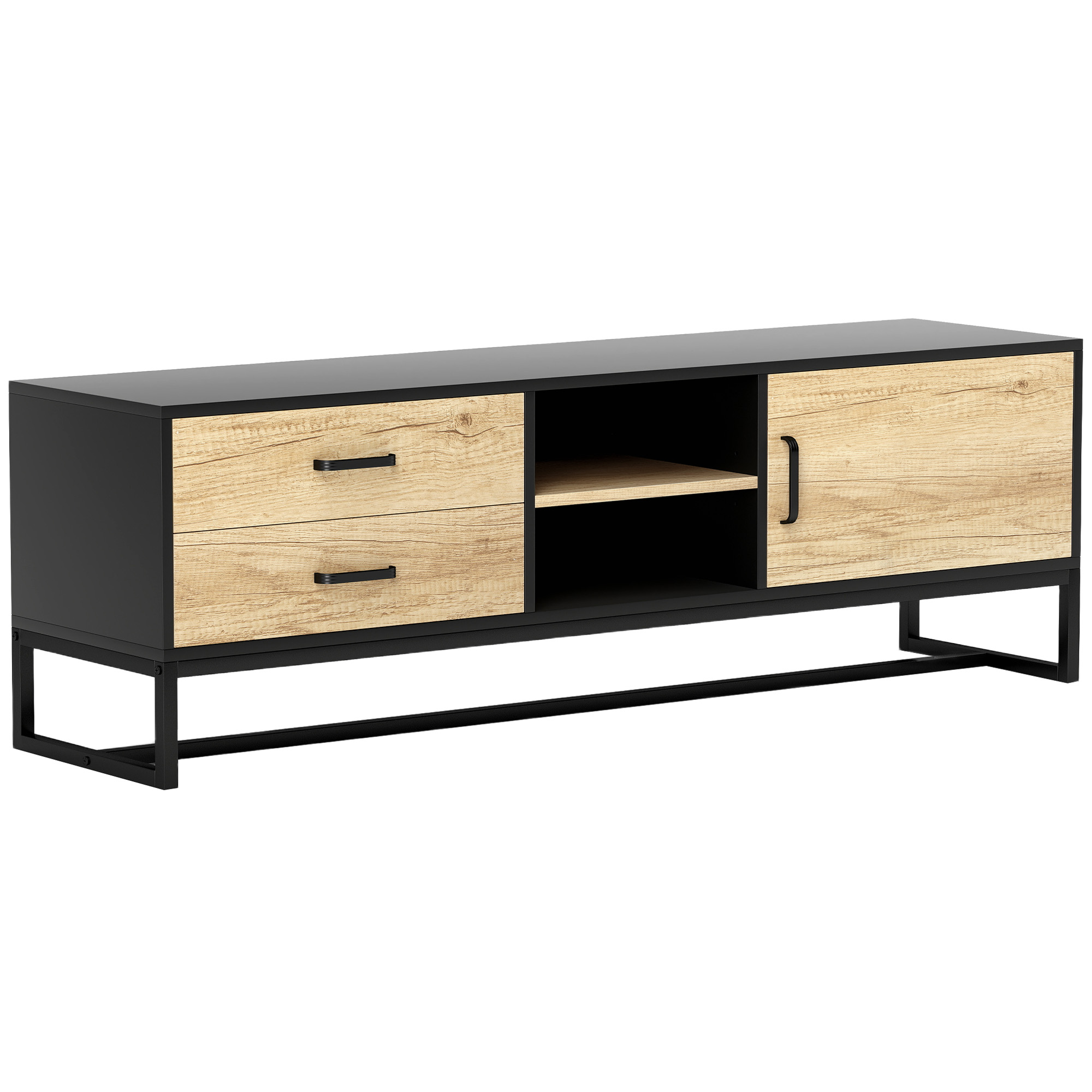Living & hol -  Mobilier pentru TV de 60" cu Dulapior, 2 Sertare si Rafturi Deschise Reglabile, 140x35x45 cm, Lemn Natural