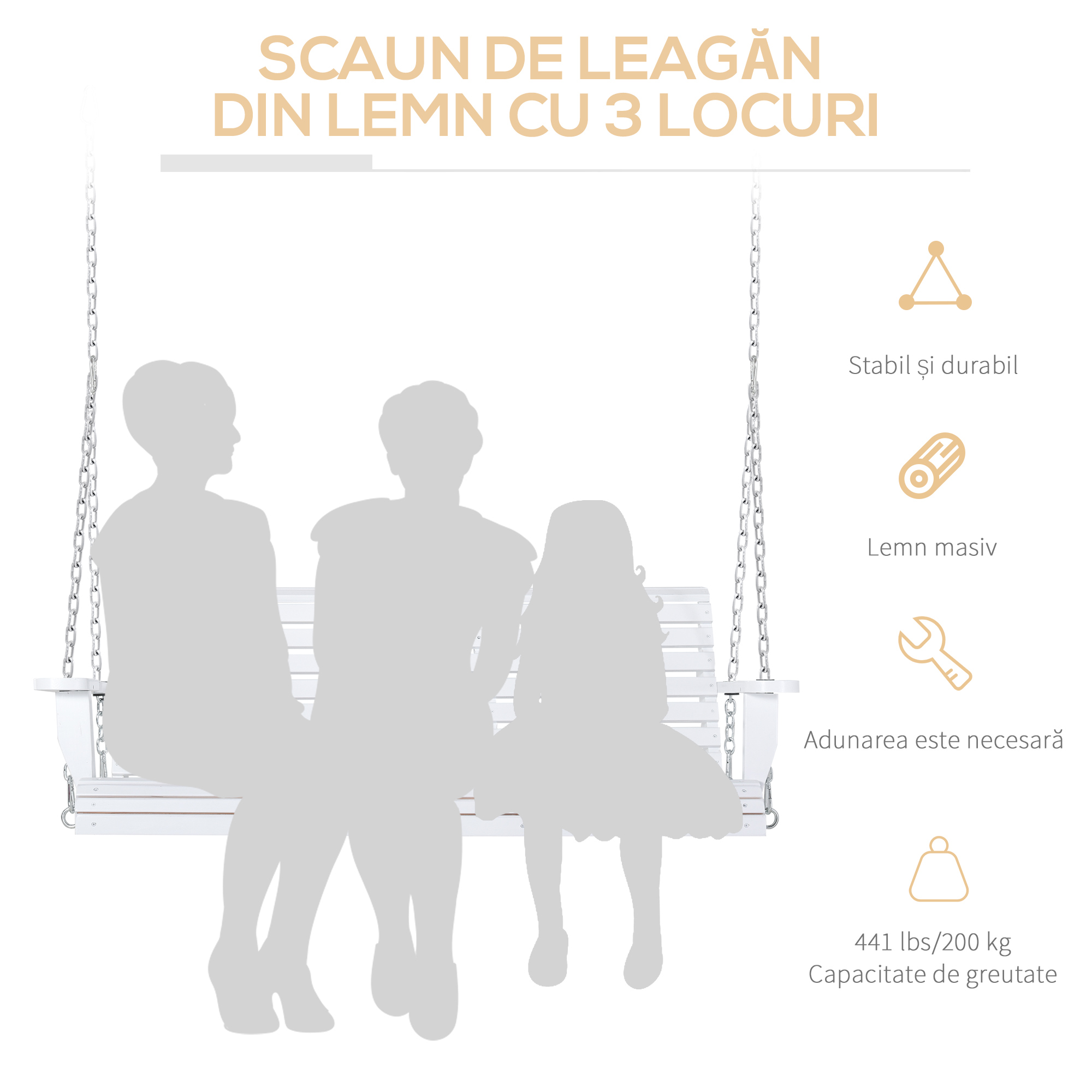  Balansoar Suspendat pentru Exterior din Lemn de Brad cu Masa Rabatabila si Suporturi pentru Pahare, Balansoar de Gradina pentru 2-3 Locuri, Alb [3]