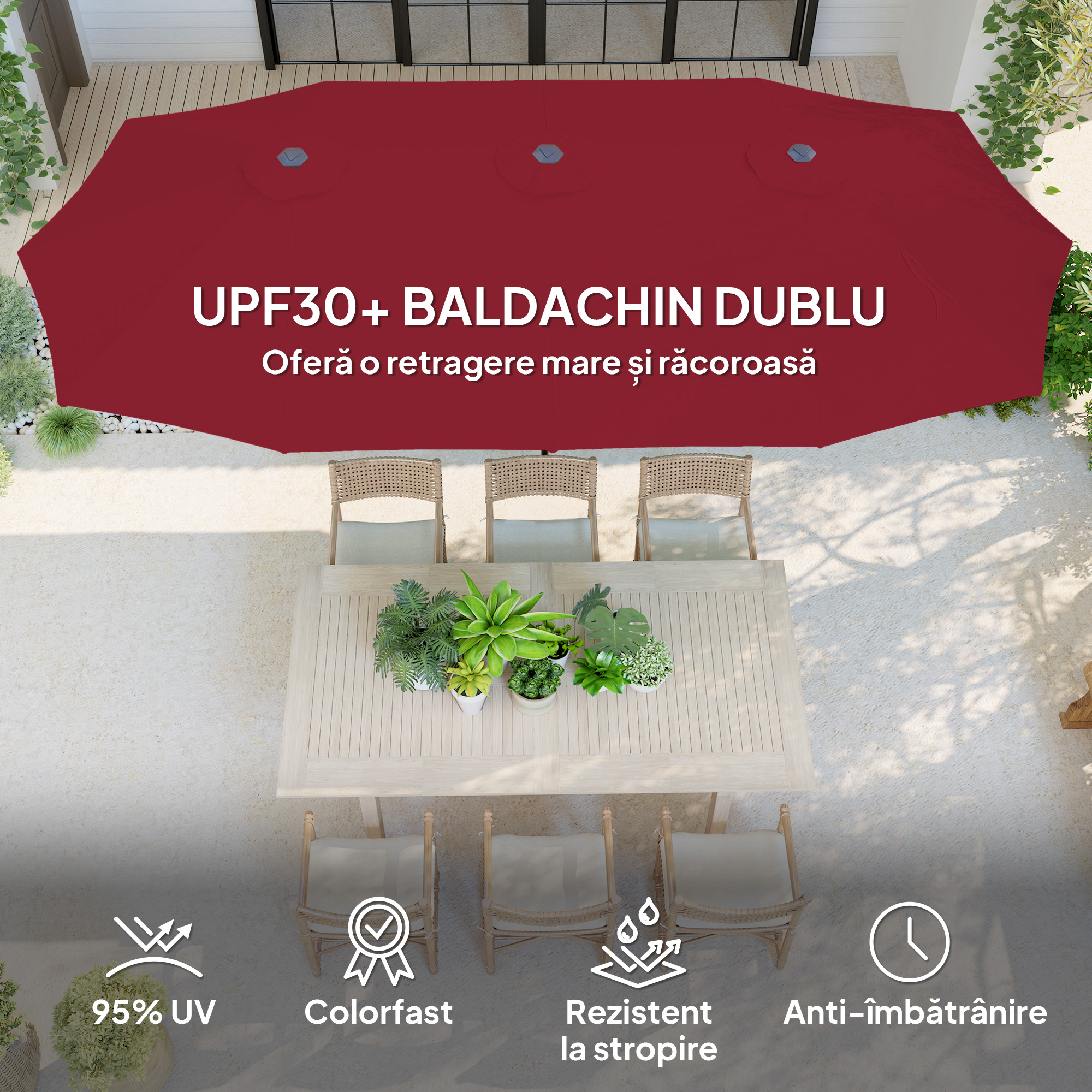  Umbrela Dubla de Gradina cu 12 Spite, Orificii de Ventilatie si Manivela, 400x220x234 cm, Rosu Vin [3]