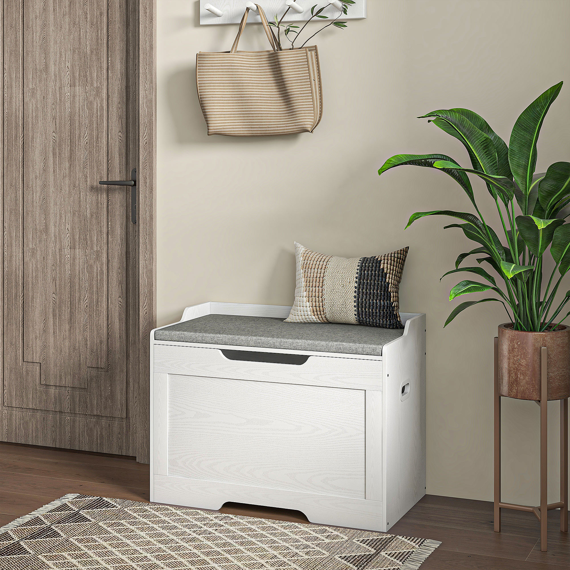  Banca de Depozitare cu Perna din Material Textil, Banca Multifunctionala cu Balama de Siguranta, 75x40x56 cm, Alb [8]